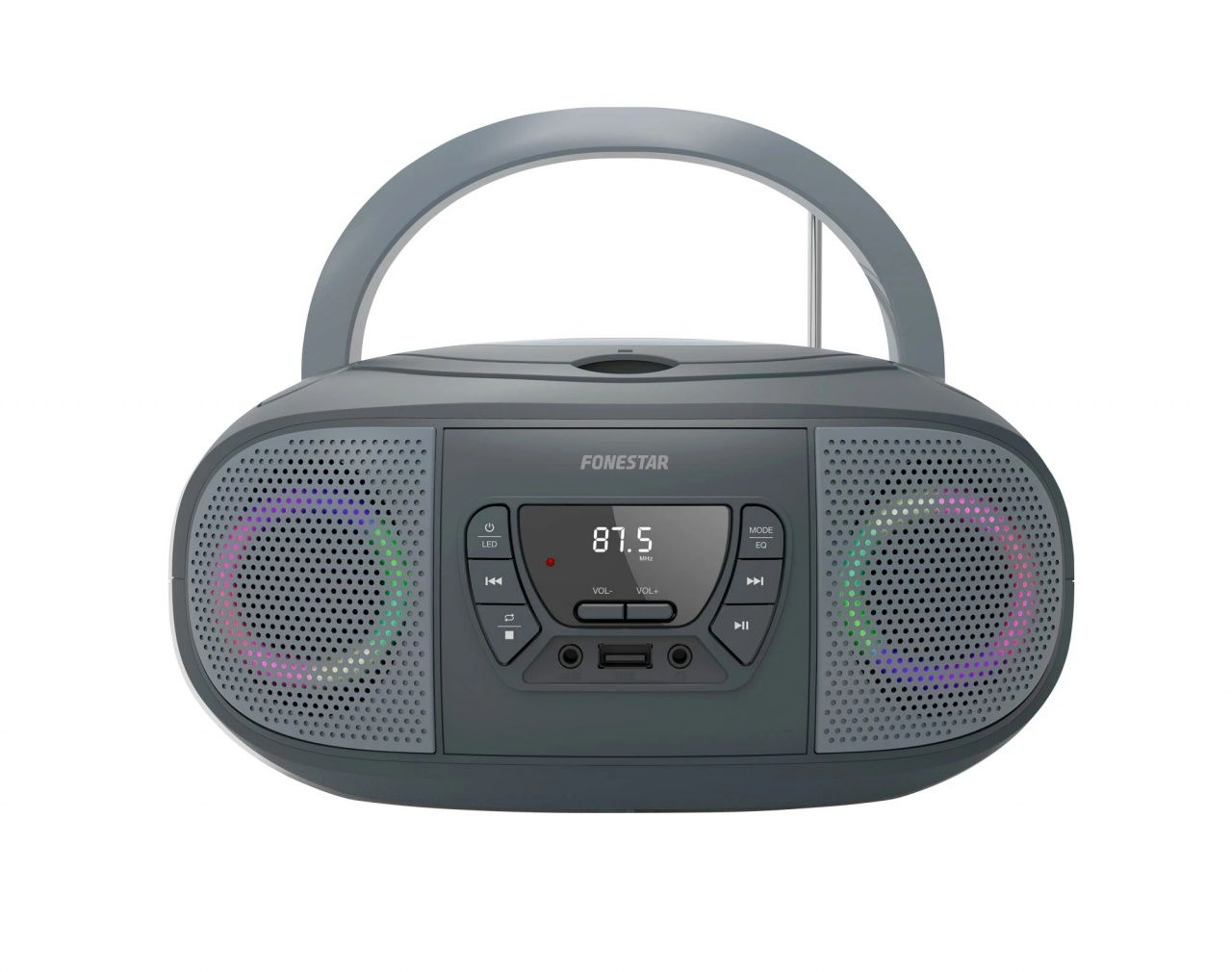 Una radio FONESTAR gris con asa. Tiene altavoces con luces de colores. La pantalla muestra 87,5 MHz. Tiene botones y puertos USB.