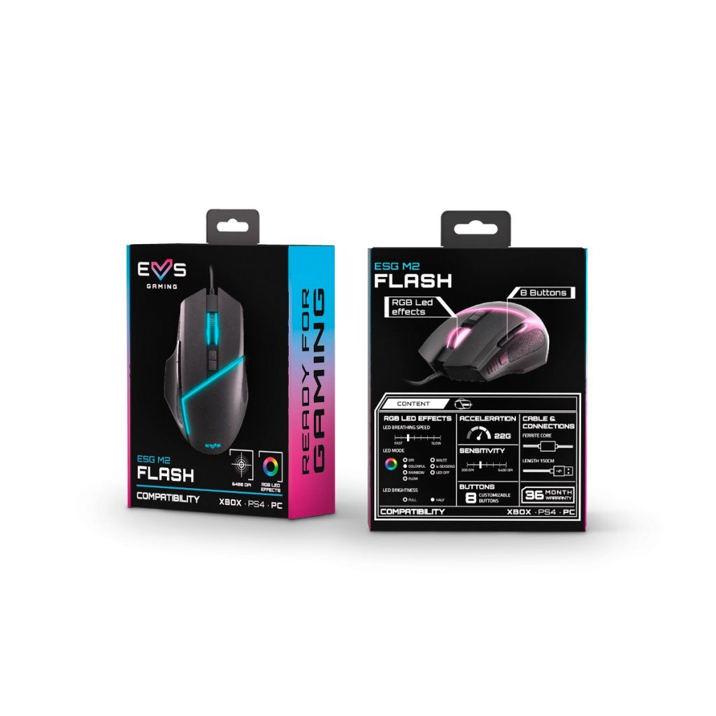 Dos cajas de ratones para juegos. Una muestra el ratón con luces azules, la otra detalla las especificaciones: RGB, 8 botones, compatibilidad Xbox/PS4/PC.