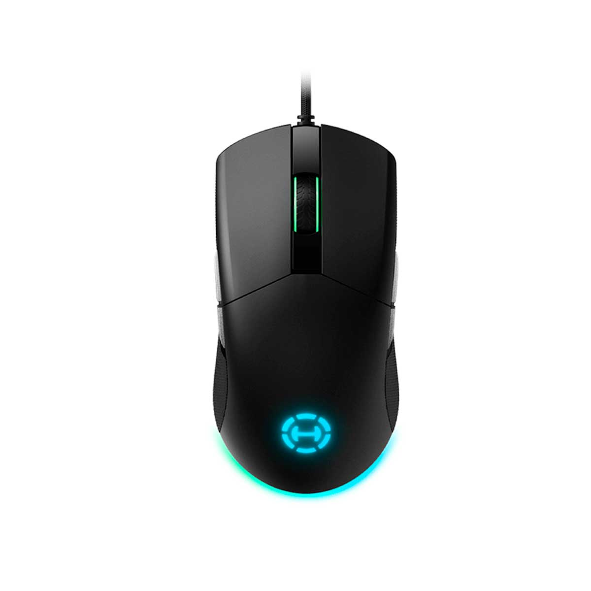 Black gaming mouse on a white background. Features a glowing blue logo and green accents. The mouse is wired.