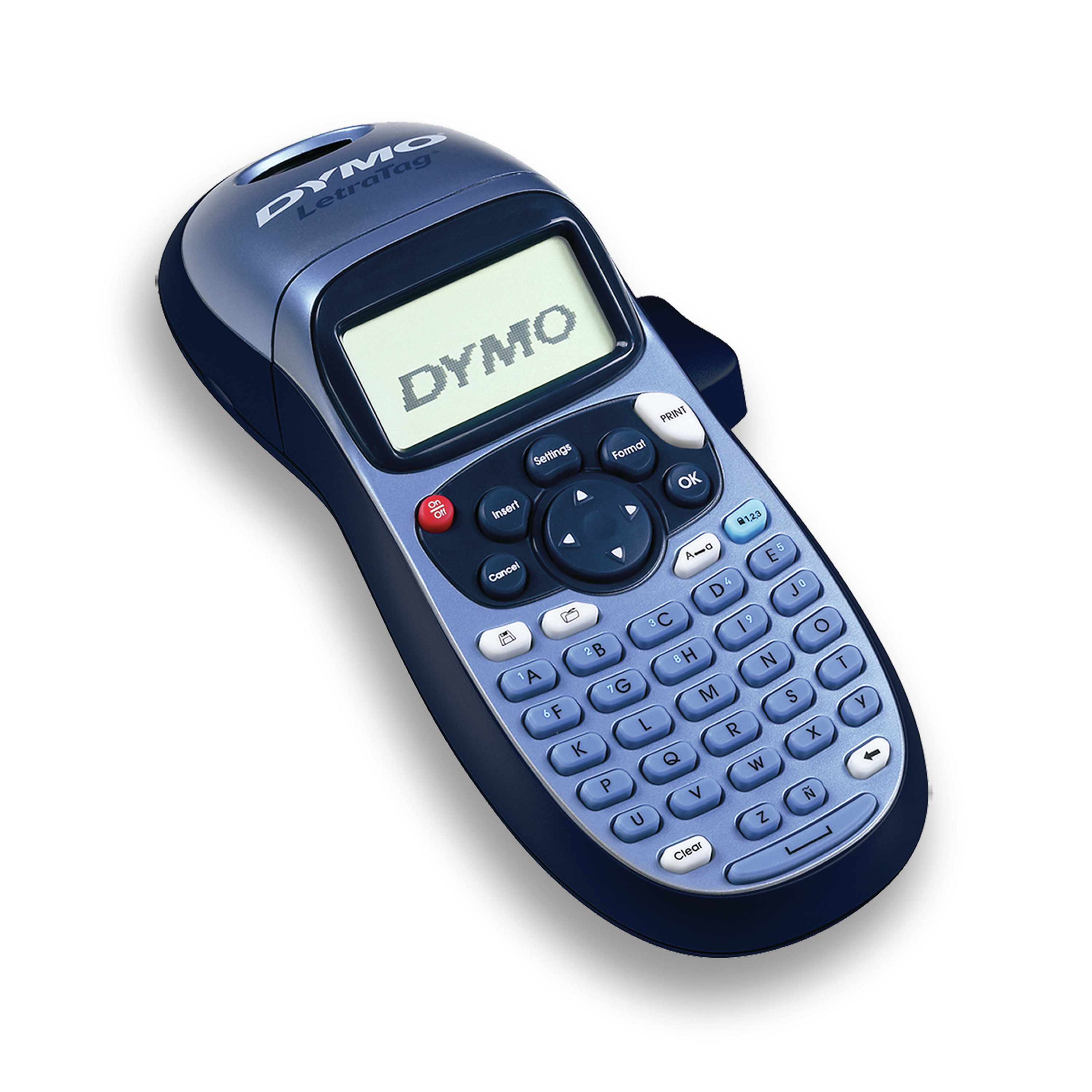 Niebieska i granatowa etykieciarka Dymo LetraTag. Ma wyświetlacz i wiele przycisków.
