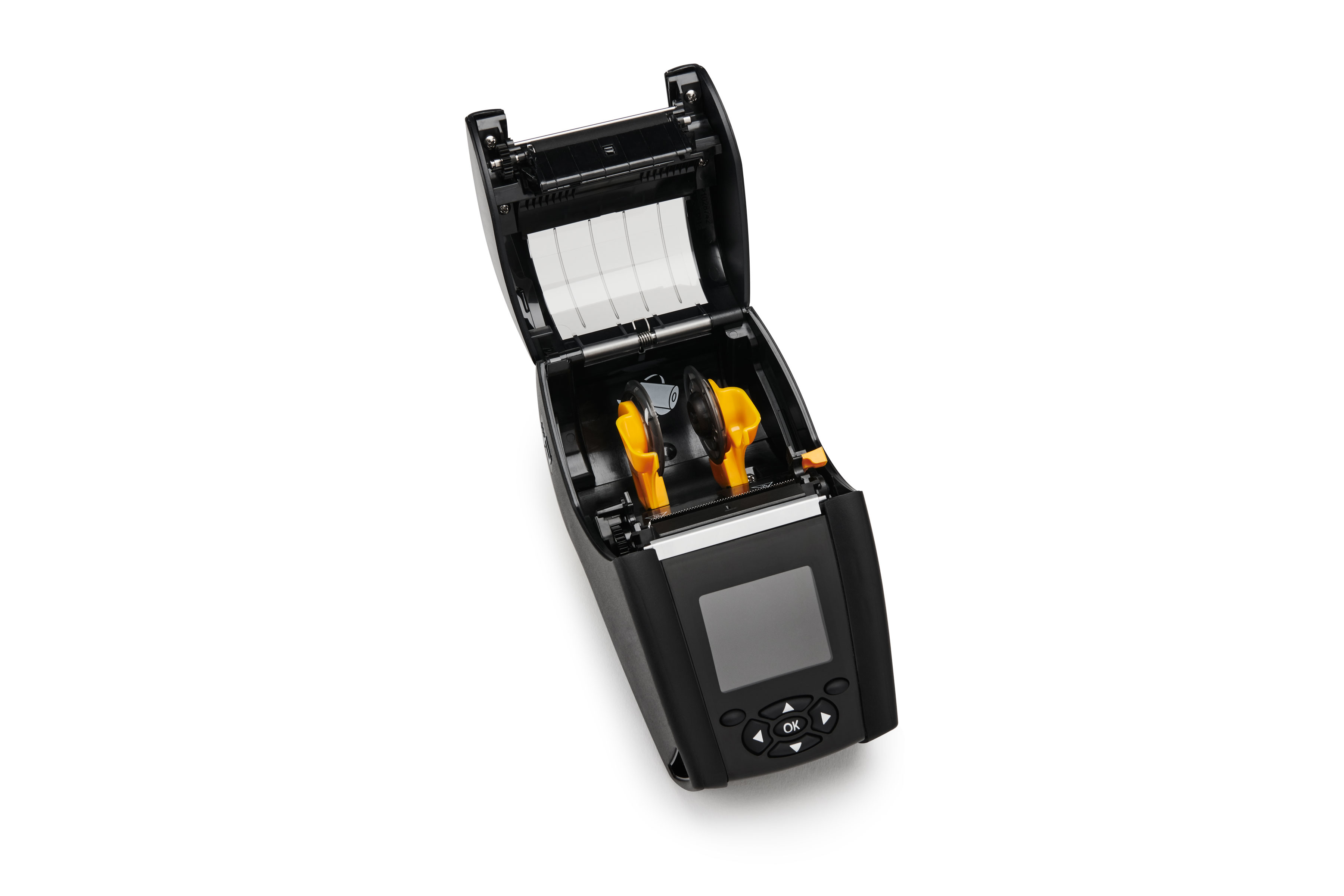 Czarna drukarka z otwartą pokrywą, odsłaniająca żółte elementy i mały ekran, na białym tle.