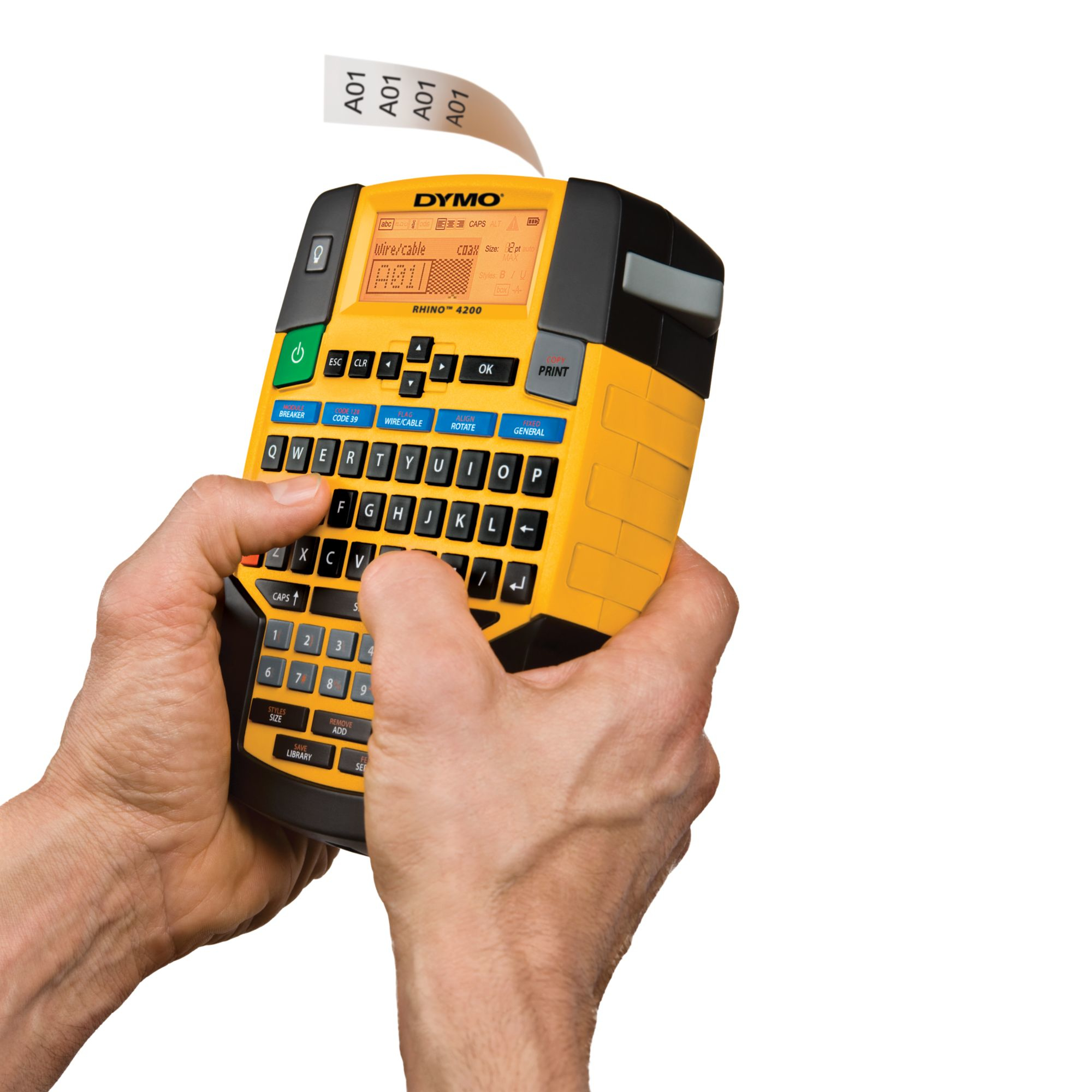 A person holding a yellow Dymo Rhino 4200 label maker. It's printing a label with the text A01. Hands are visible.
