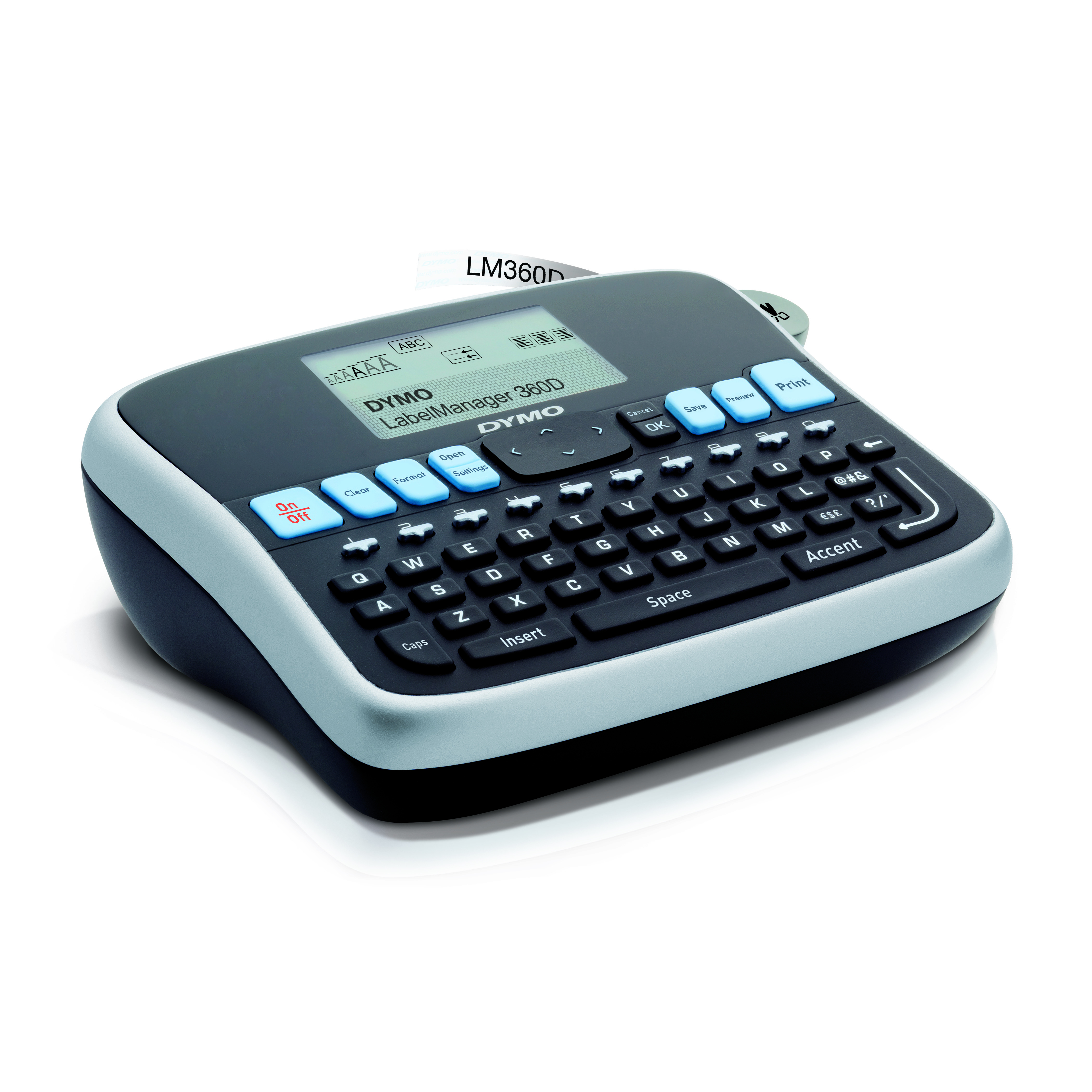 Un'etichettatrice Dymo LabelManager 360D. Ha una tastiera, uno schermo LCD e diversi pulsanti funzione. Lo sfondo è bianco.