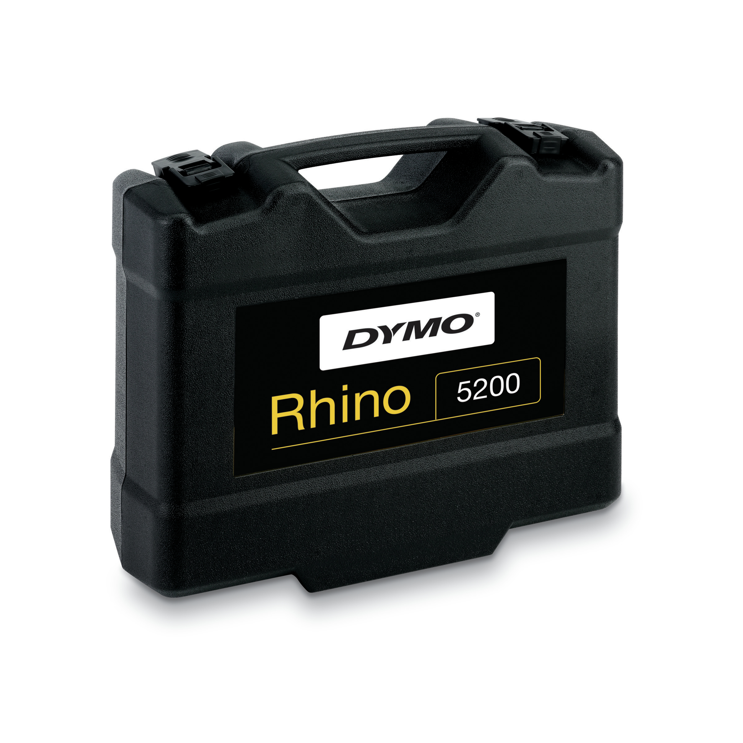 Una valigetta nera DYMO Rhino 5200 con manico. Ha un'etichetta nera con testo bianco. Lo sfondo è bianco.