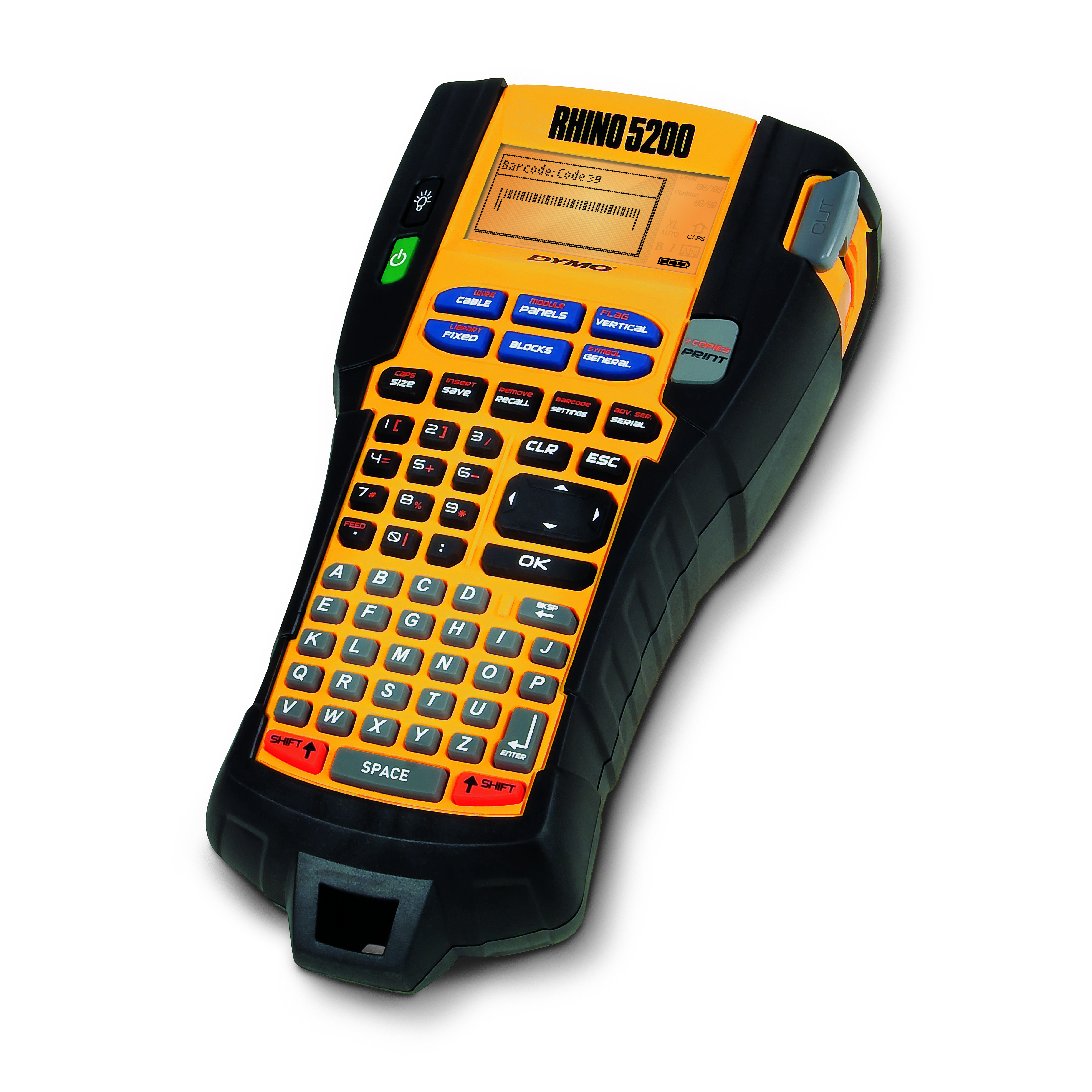 Un'etichettatrice Dymo Rhino 5200 nera e gialla con tastiera e display, su sfondo bianco.