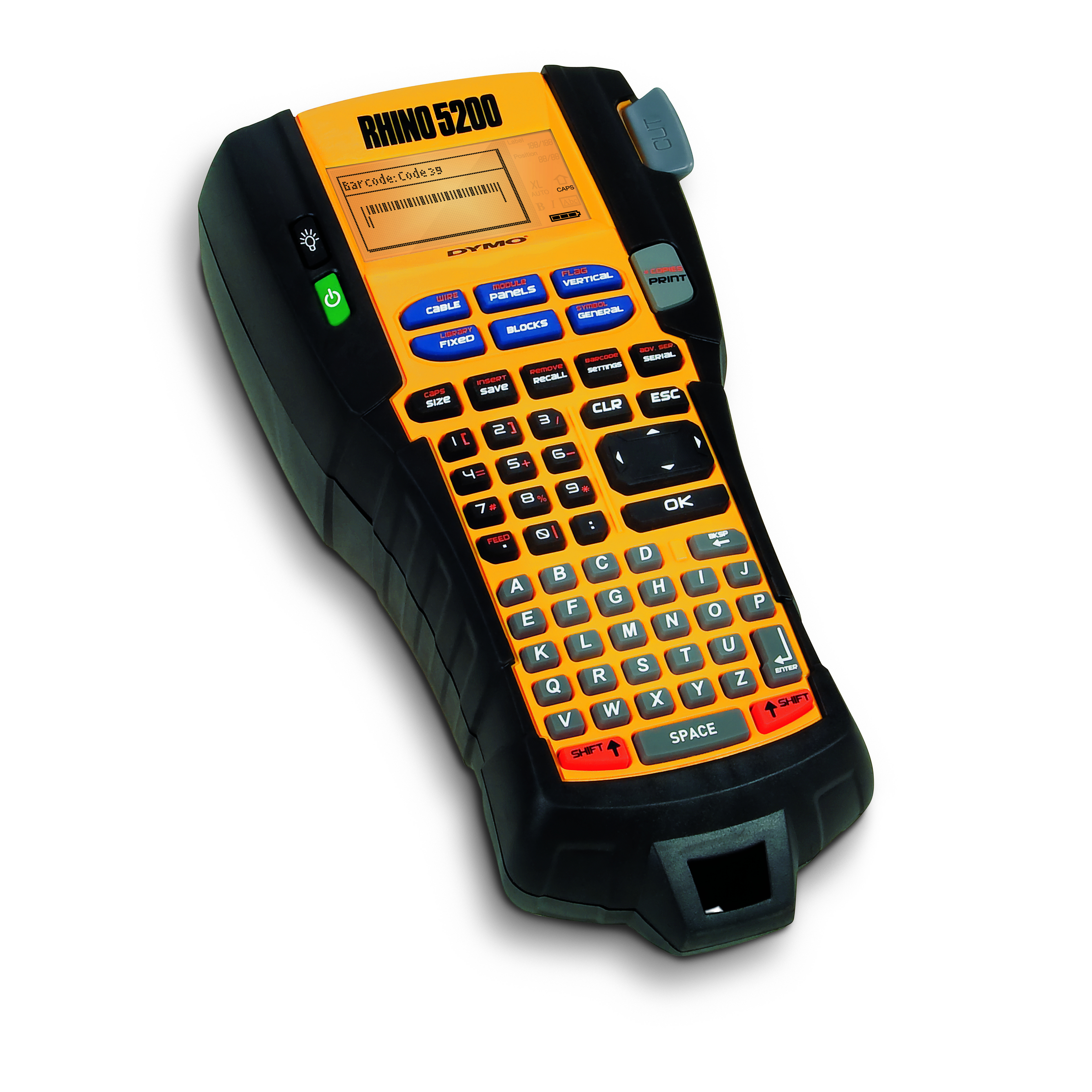Un'etichettatrice Rhino 5200 nera e gialla su una superficie bianca. Ha schermo, tastiera e pulsanti.