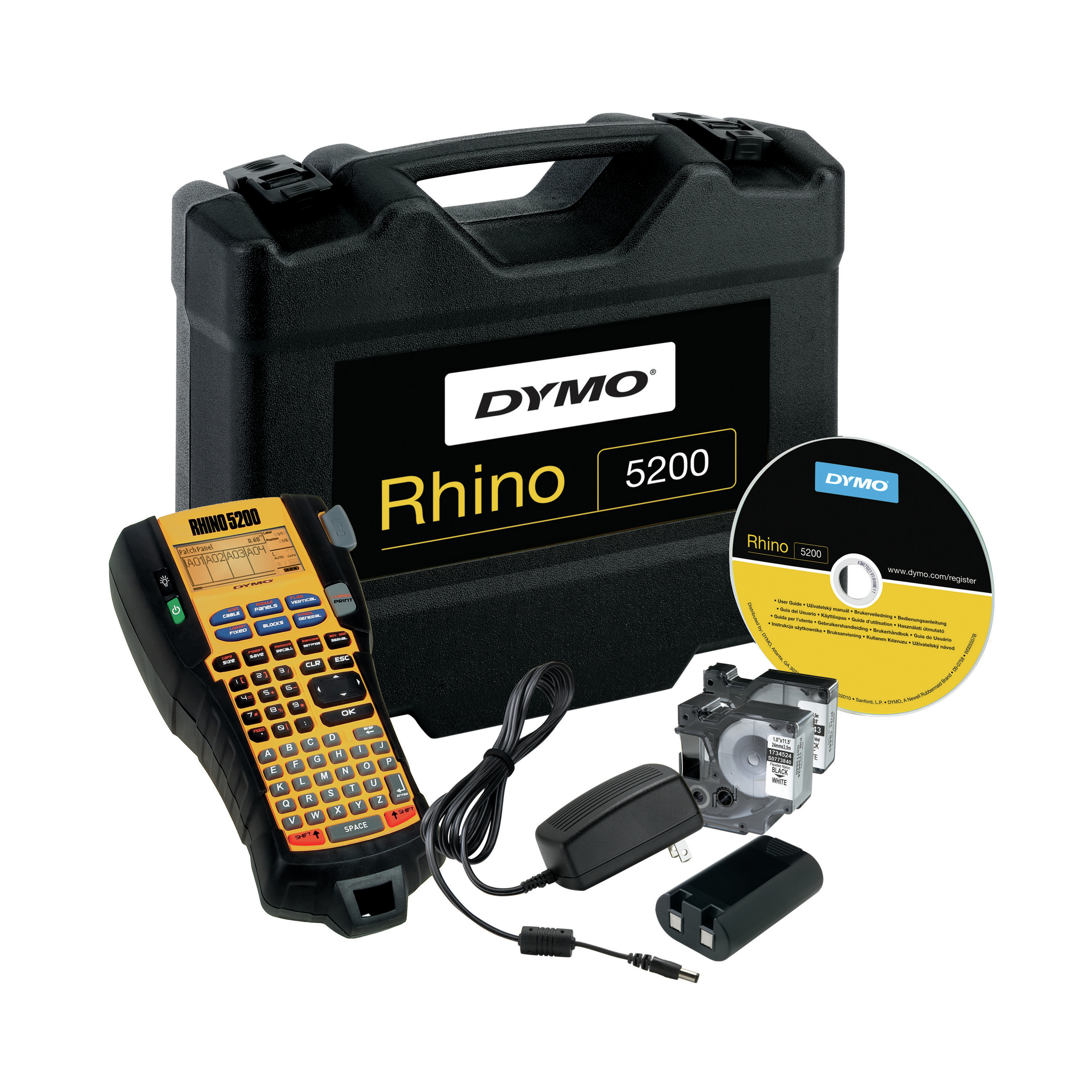 Un kit etichettatrice Dymo Rhino 5200 nero con accessori, tra cui CD e cartucce.