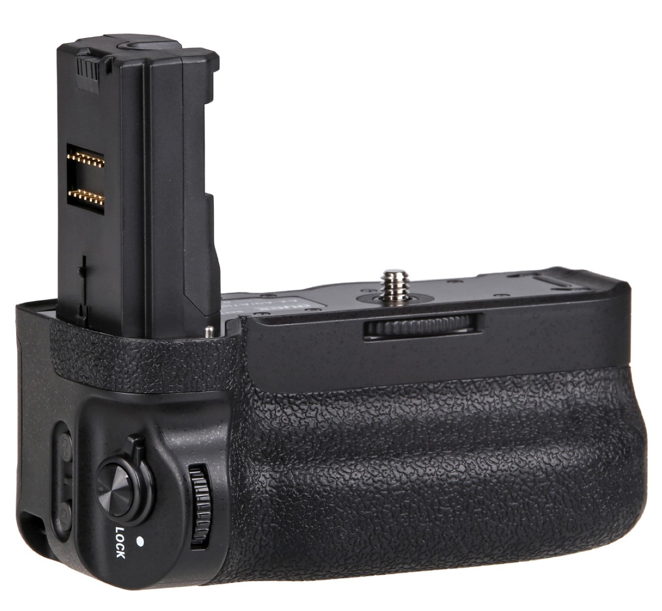 Ein schwarzer Kamerabatteriegriff. Er hat einen Schlitz für eine Batterie und einen strukturierten Griff zum Halten. Der Griff hat einen Verschluss.