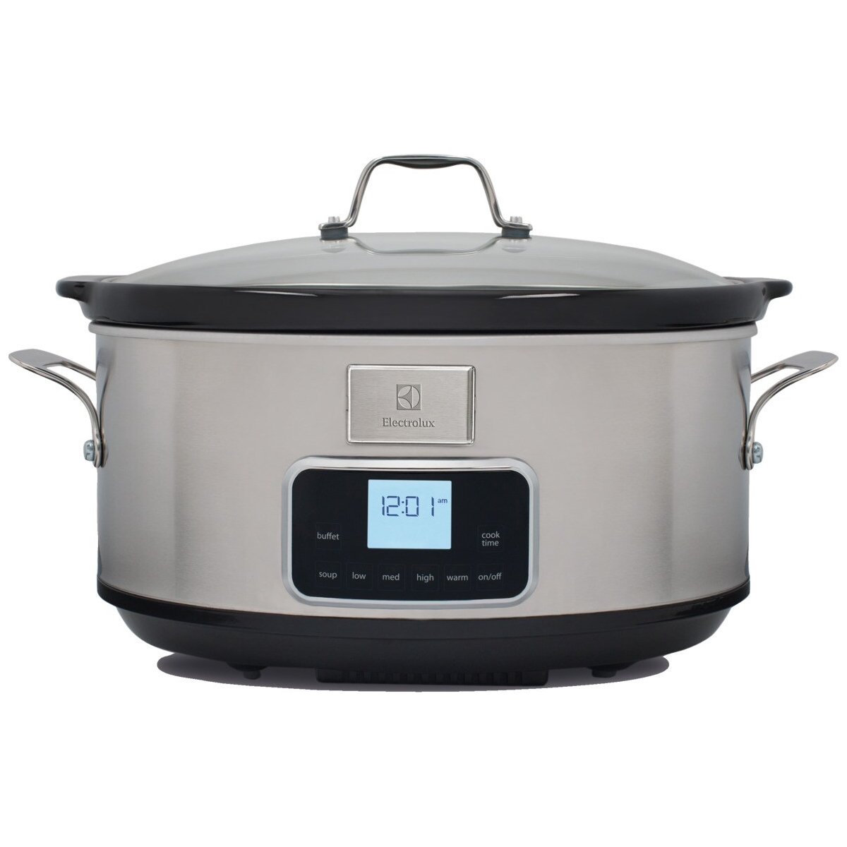 Cuociriso lento Electrolux in acciaio inox. Ha coperchio in vetro, display digitale con 12:01 e impostazioni temperatura.