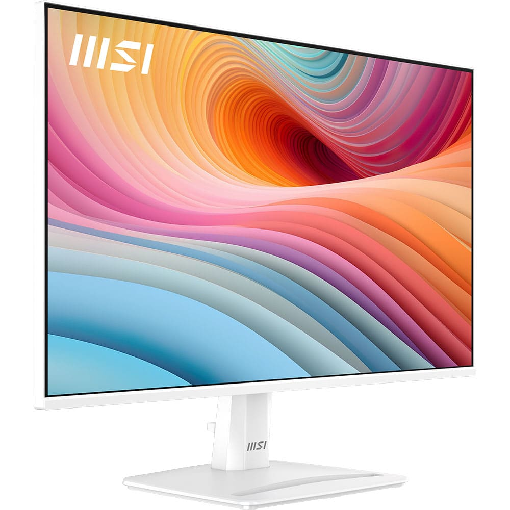 Monitor MSI bianco con display astratto colorato. Il monitor ha un supporto bianco. Il display mostra onde rosa, arancioni e blu.