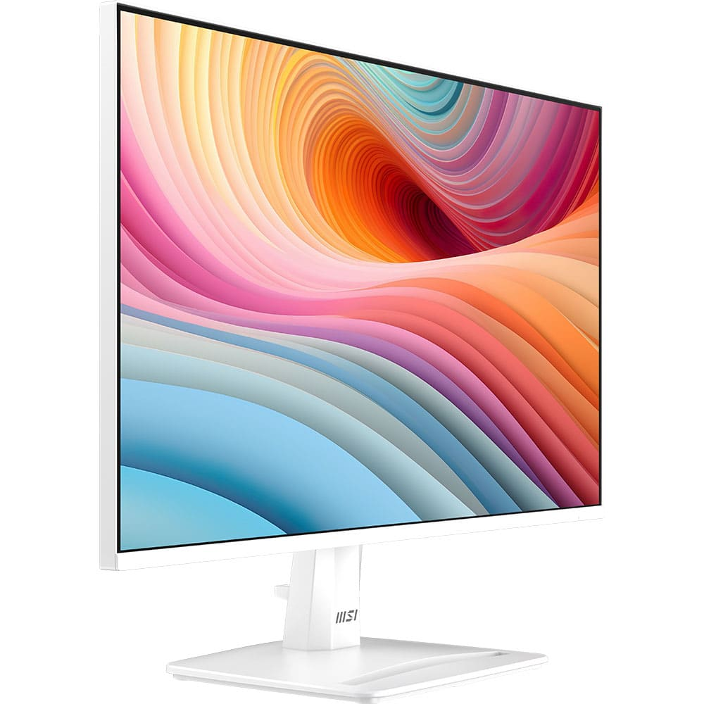 Il monitor MSI bianco mostra arte astratta colorata. È su un supporto bianco. Lo schermo mostra colori vorticosi.