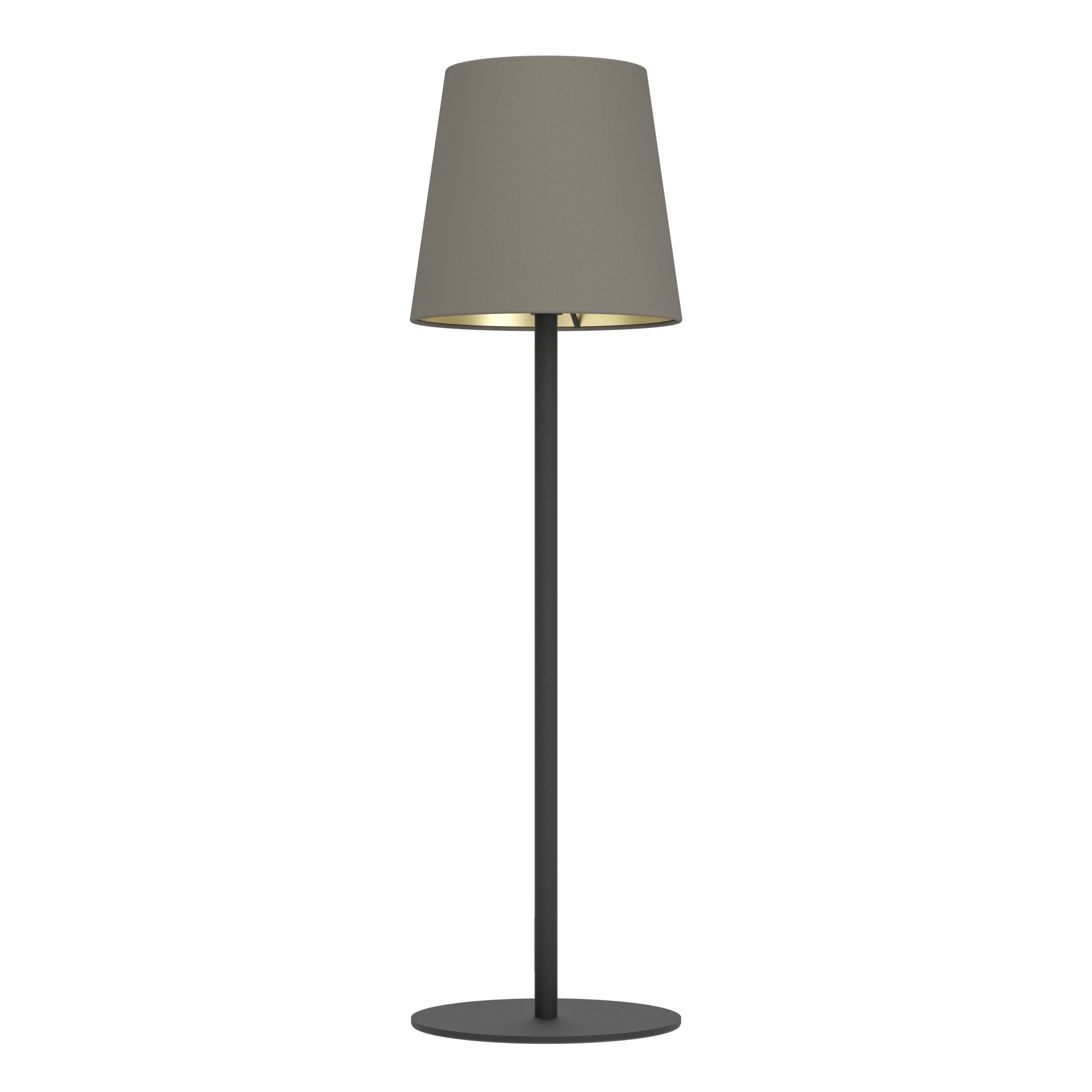 Eine moderne Stehlampe auf weißem Hintergrund. Sie hat einen dunkelgrauen Fuß und Stiel mit einem taupefarbenen Lampenschirm.