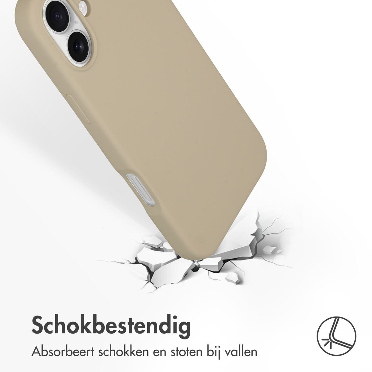 Coque de téléphone beige tombant sur une surface blanche, causant des fissures. Texte : Schokbestendig. Absorbe les chocs en cas de chute.