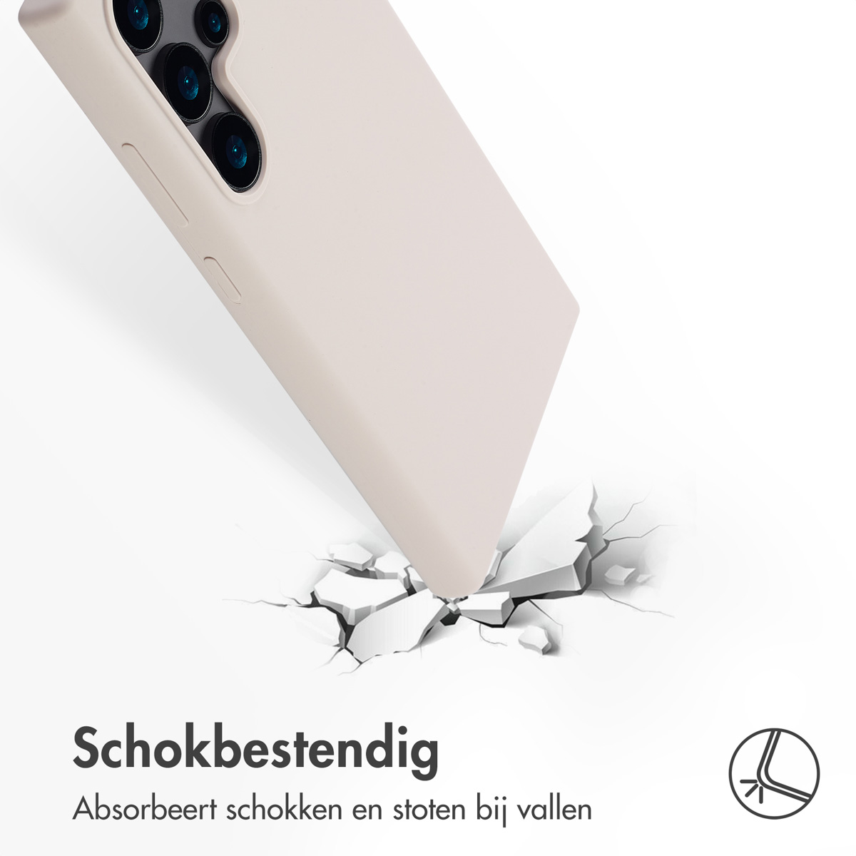 Eine Handyhülle trifft auf eine Oberfläche und verursacht Risse. Die Hülle ist beige, der Hintergrund weiß mit Text und einem Logo.