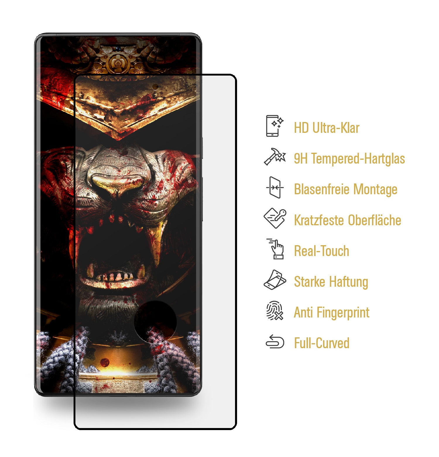 Ein Displayschutz über einem Telefon, das ein Samurai-Löwen-Bild anzeigt. Text rechts beschreibt die Merkmale des Displayschutzes.