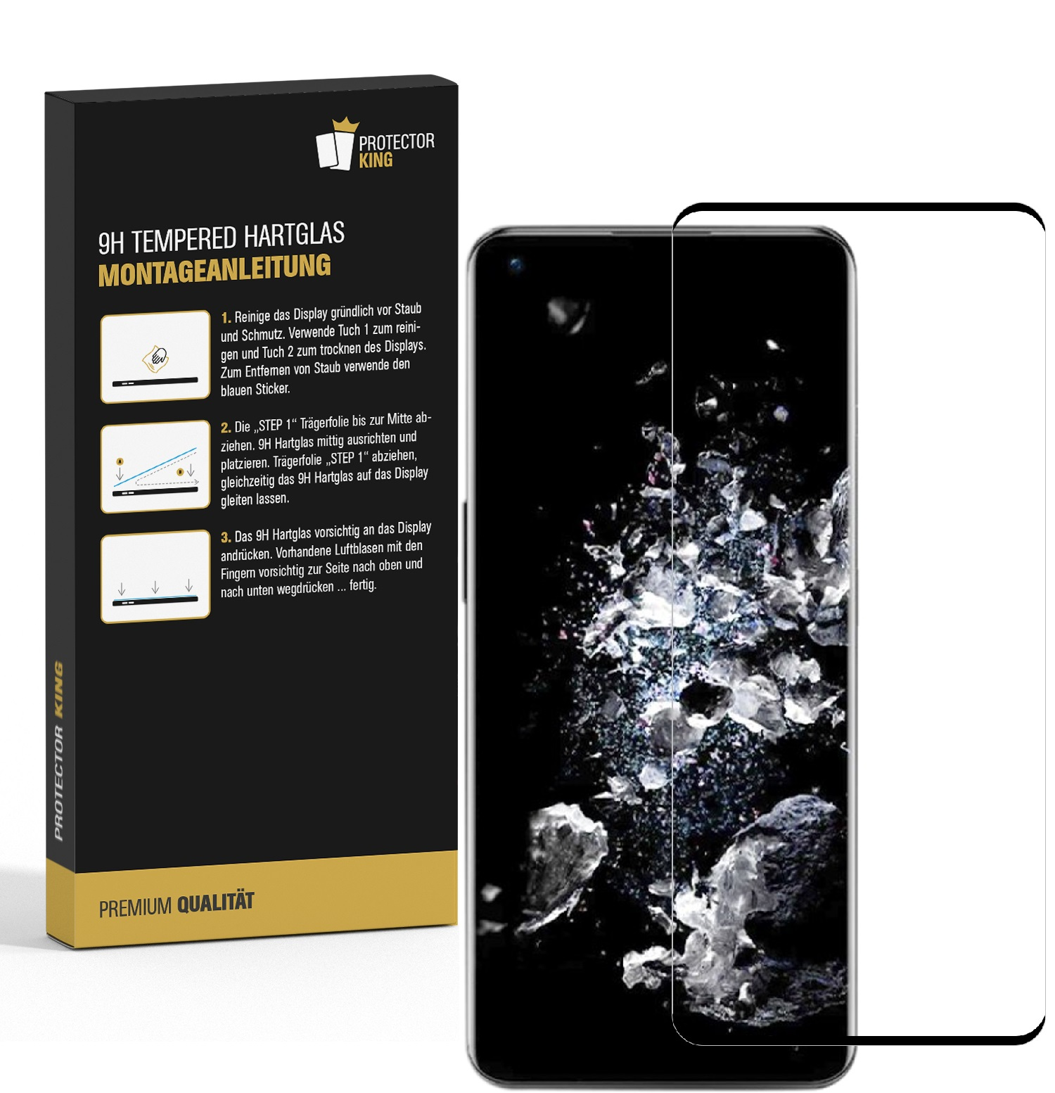 Ein Displayschutz-Kit mit Anweisungen liegt neben einem Telefon mit angebrachtem Displayschutz.