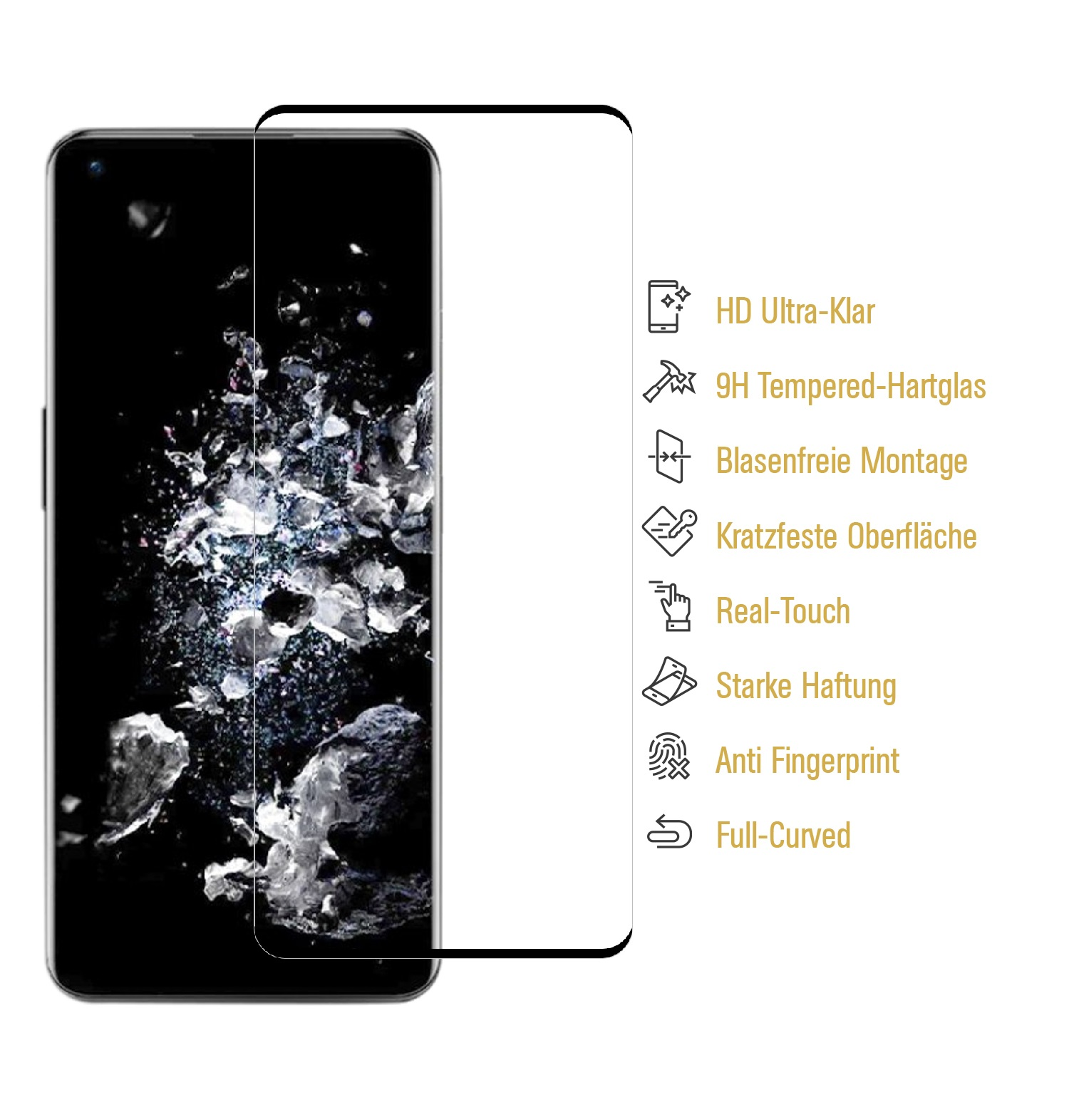 Ein Smartphone mit Displayschutzfolie. Der Schutz hat Funktionen wie HD-Klarheit, Kratzfestigkeit und Anti-Fingerprint. Text auf weißem Hintergrund.