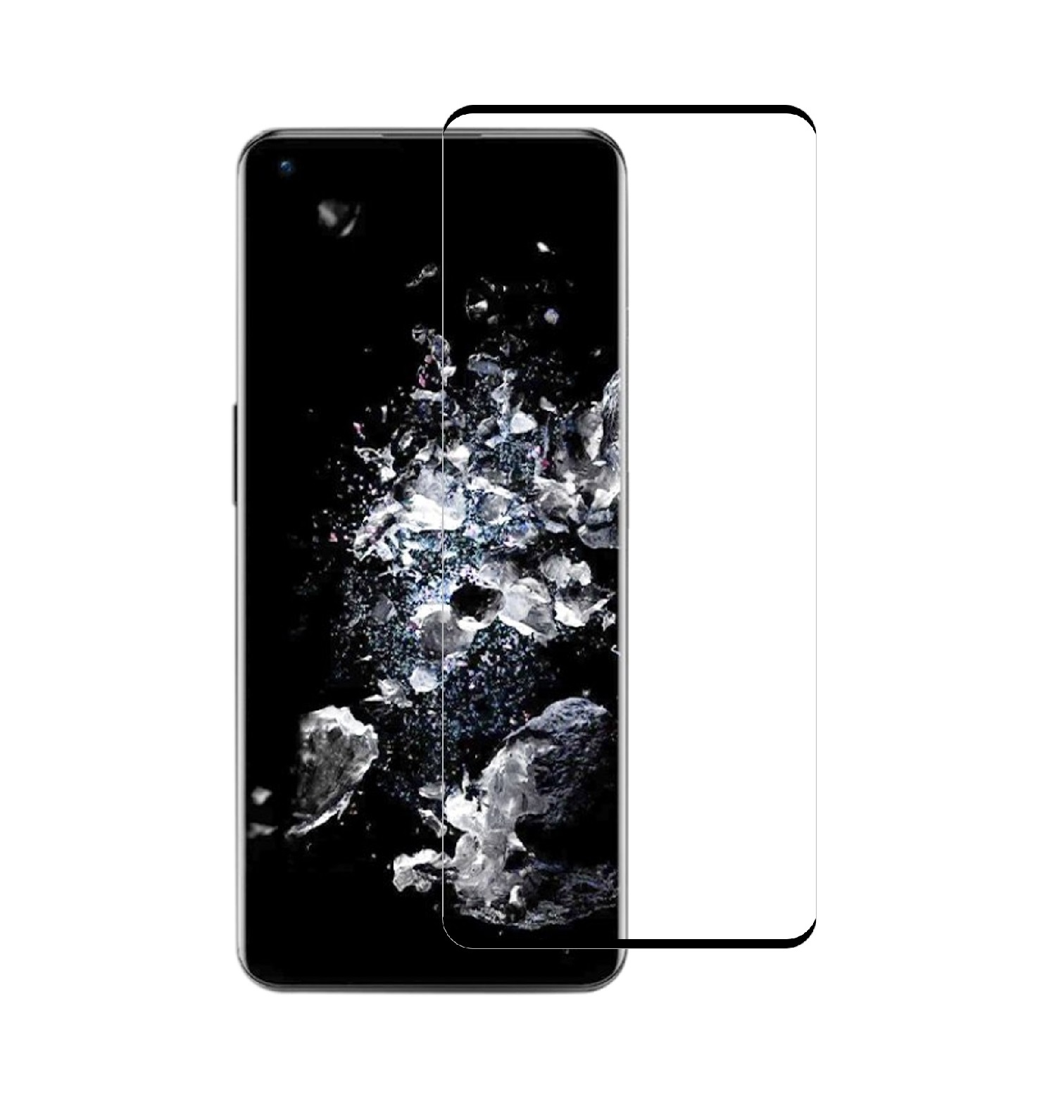 Ein Smartphone mit angebrachter Displayschutzfolie. Der Telefonbildschirm ist schwarz mit weißen Formen. Der Schutz ist klar.