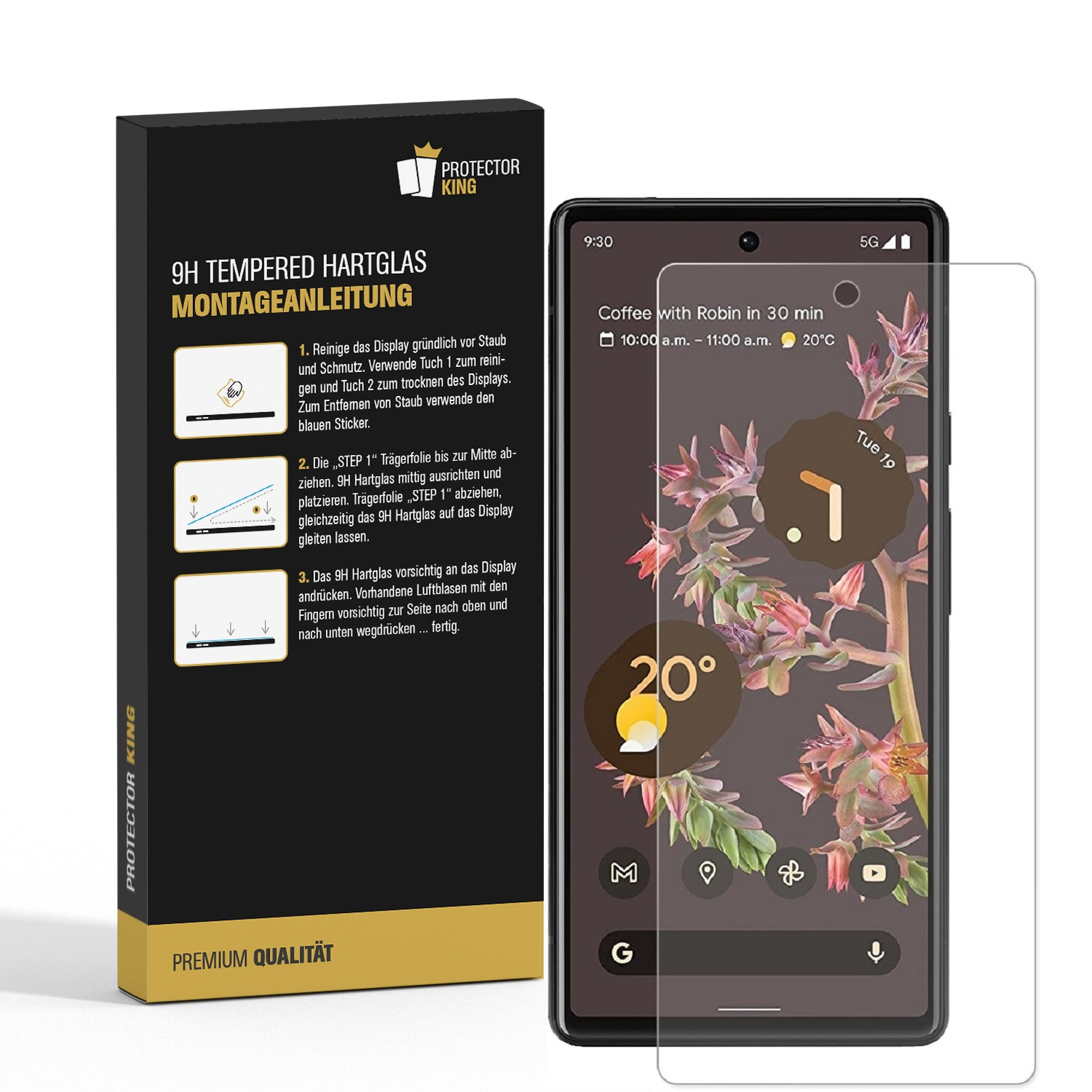 Ein Telefon mit Displayschutzfolie neben einer Schachtel mit Anweisungen und einem Logo für Protector King.