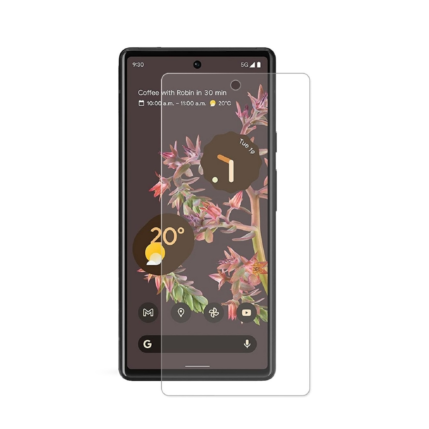 Ein Smartphone zeigt eine Kalender- und Wetter-App. Die Displayschutzfolie ist sichtbar. Der Hintergrund zeigt ein Blumenmuster.