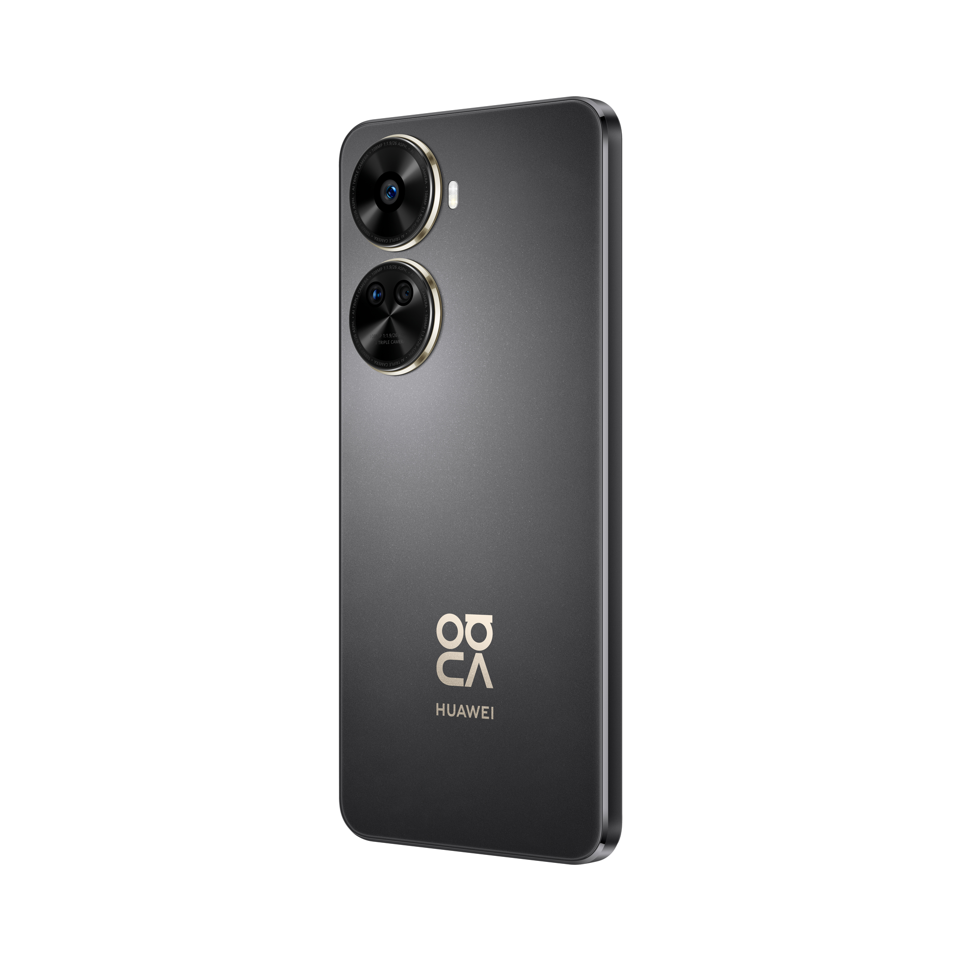 Ein schwarzes Huawei-Smartphone mit drei Kameras ist abgebildet. Das Telefon ist leicht angewinkelt, das Huawei-Logo ist sichtbar.