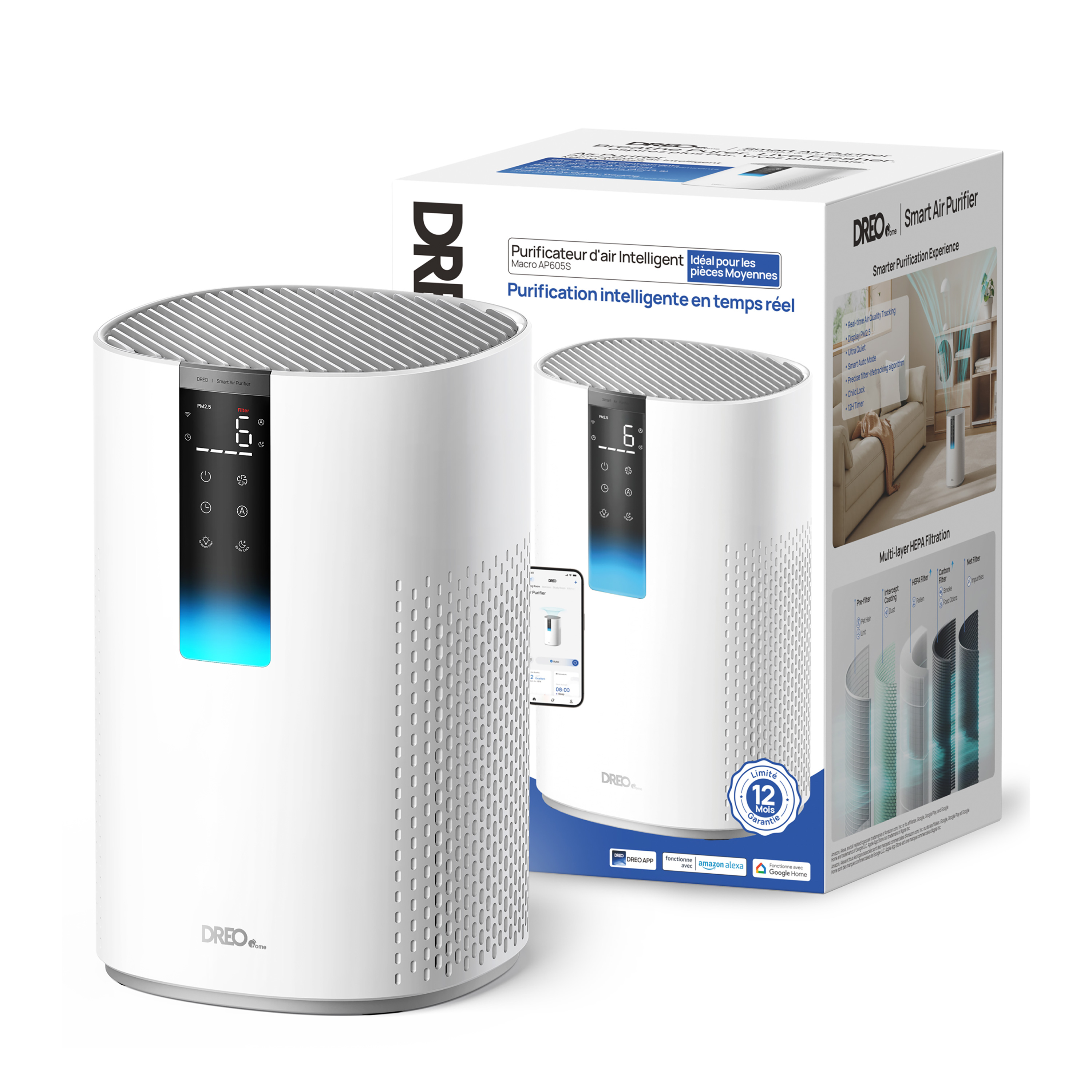 Purificatore d'aria bianco con display digitale, scatola con caratteristiche e dettagli del filtro e telefono con app.