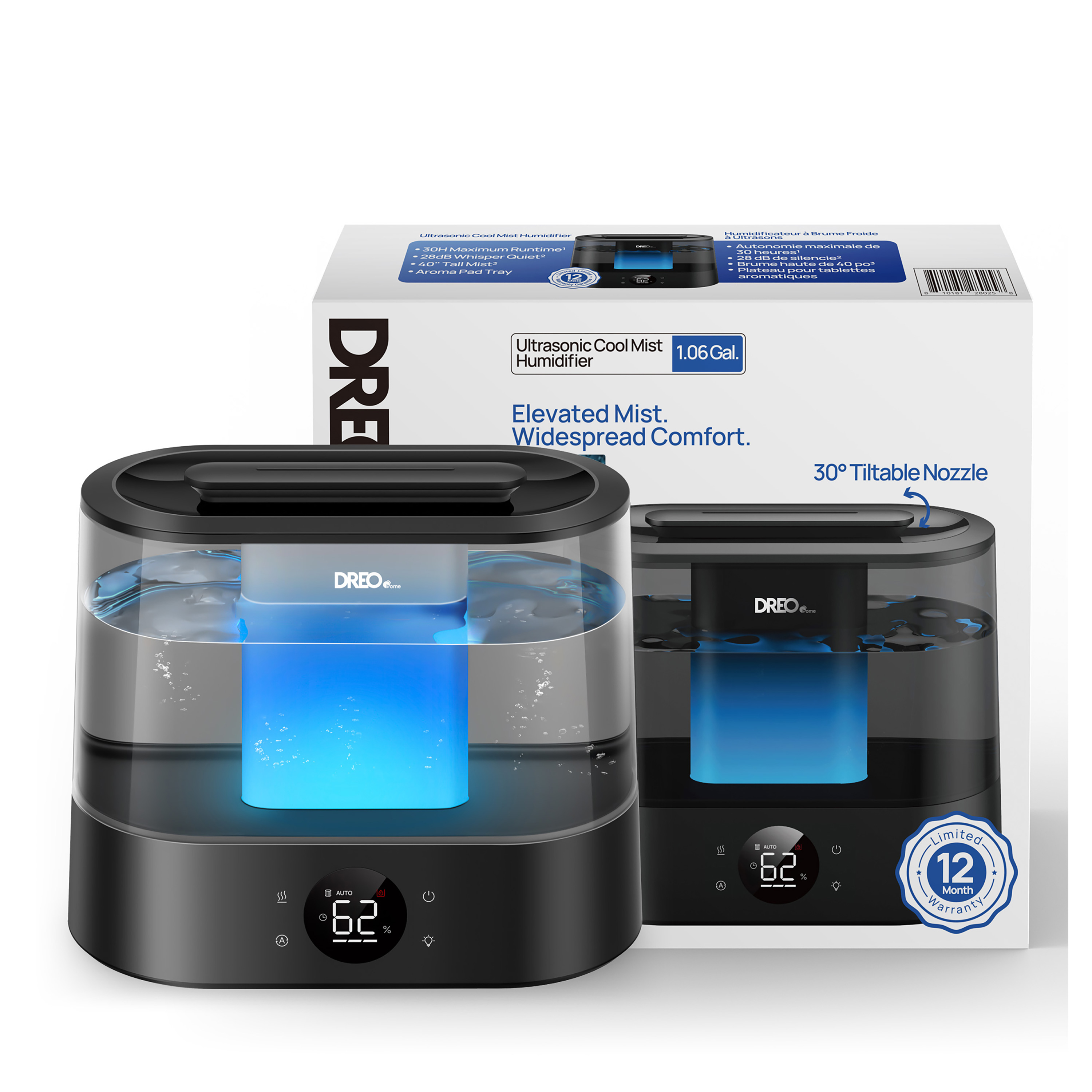 Un humidificador negro con un tanque de agua iluminado en azul y una caja blanca detrás.