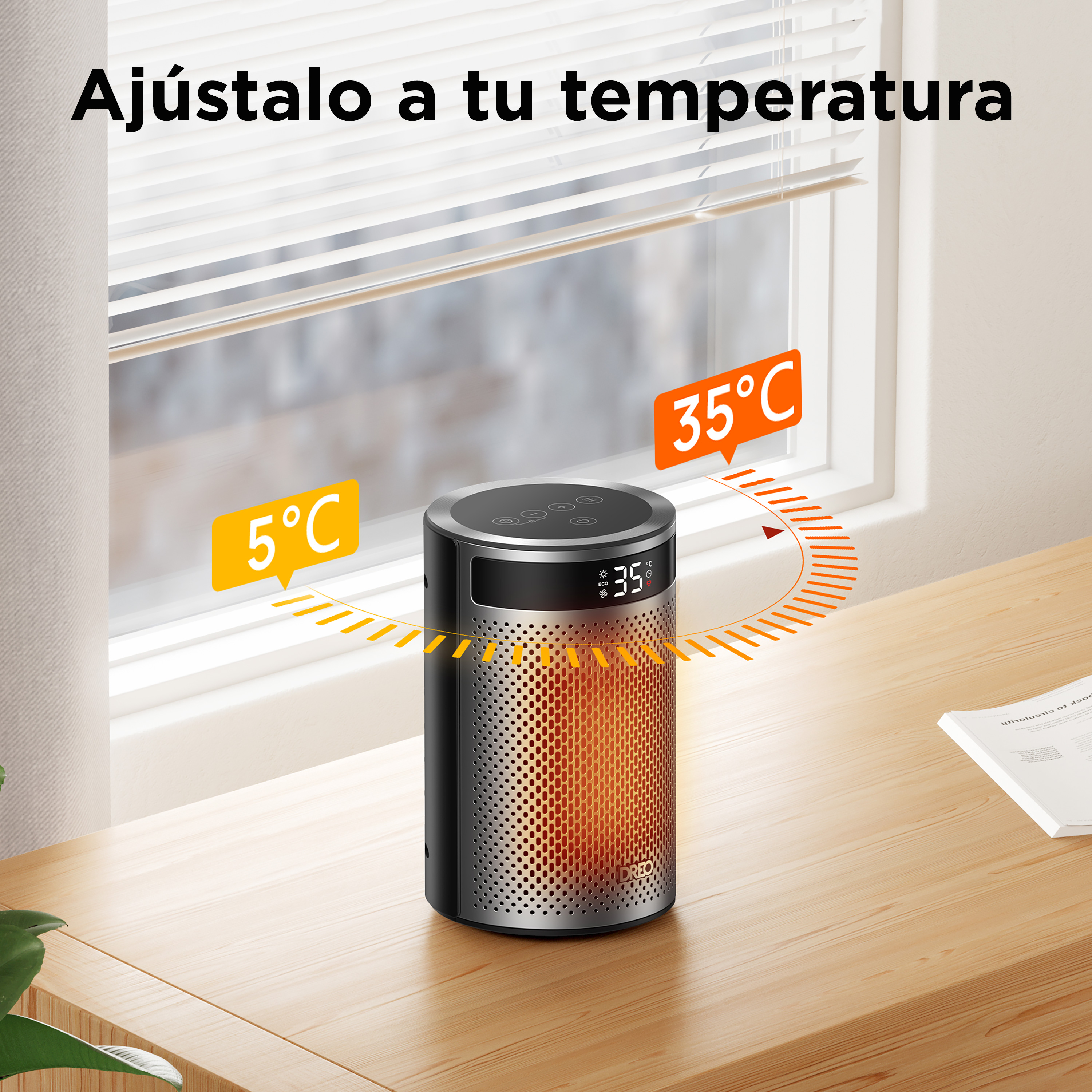 Un calefactor negro y plateado con una pantalla digital que muestra 35°C. Una ventana con persianas en el fondo.