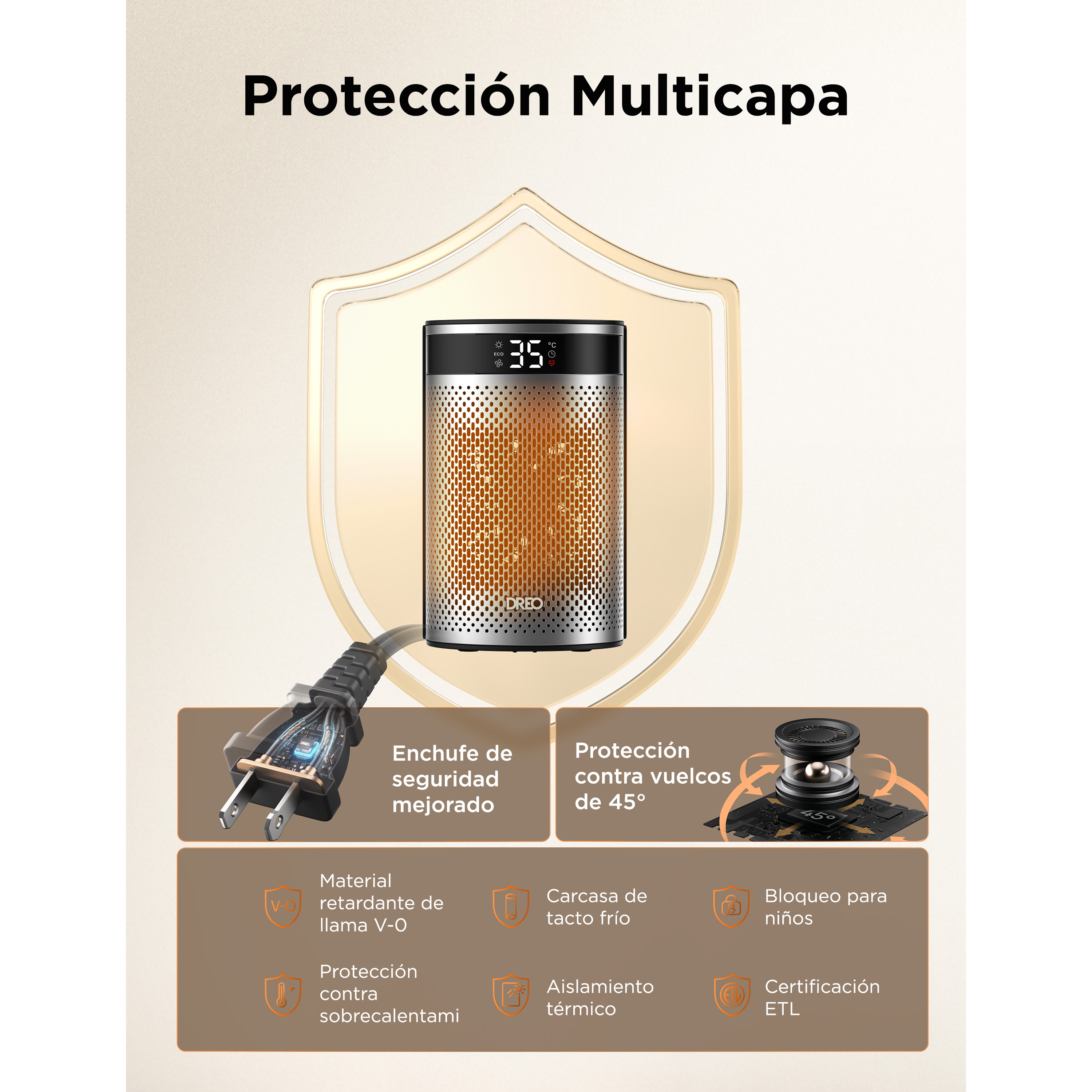 Un calefactor espacial plateado y negro, muestra 35 grados. El texto dice 'Protección Multicapa'.