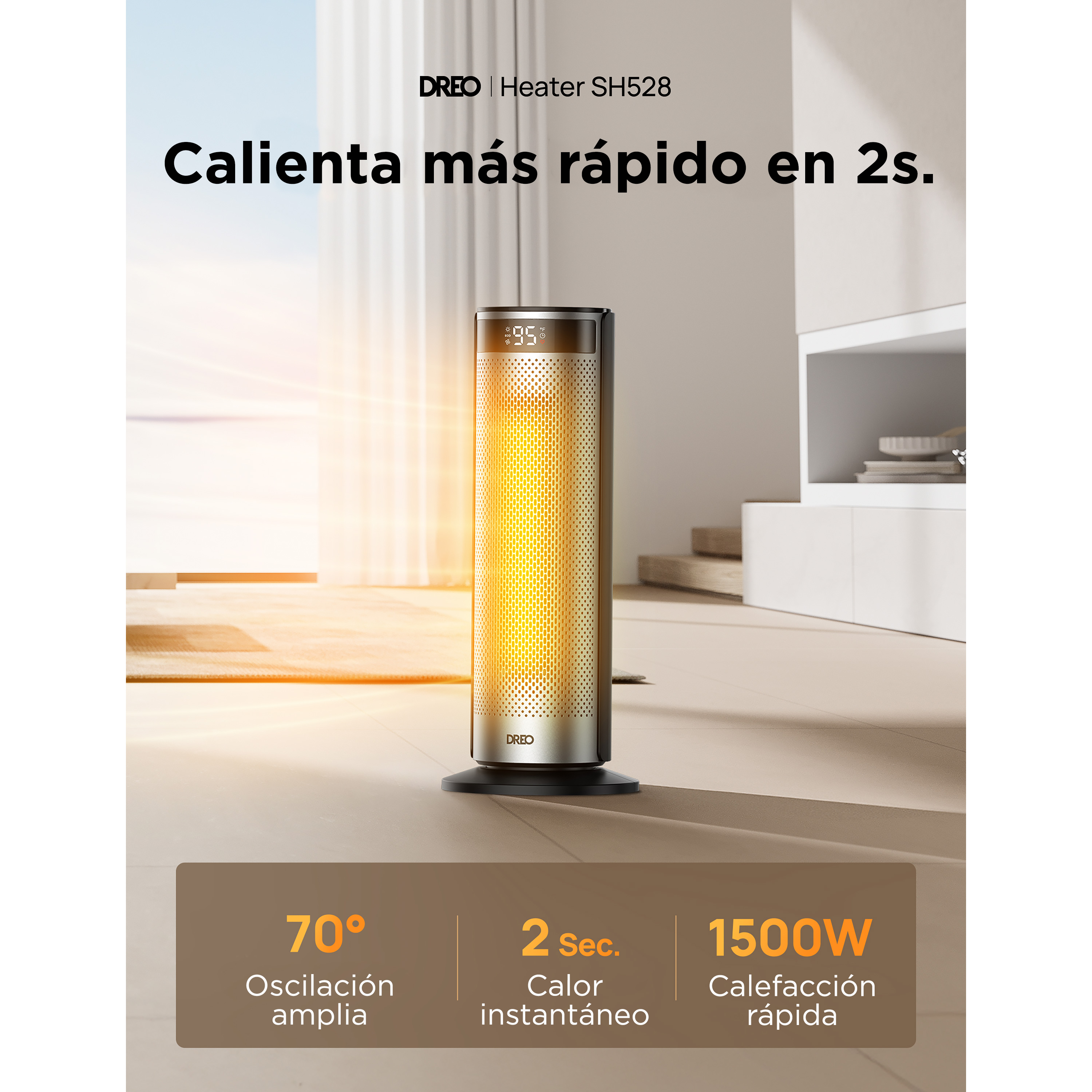 Ein DREO-Heizgerät zeigt 95 Grad an, mit spanischem Text. Es hat Funktionen wie 70° Oszillation und 2 Sek. Heizung.