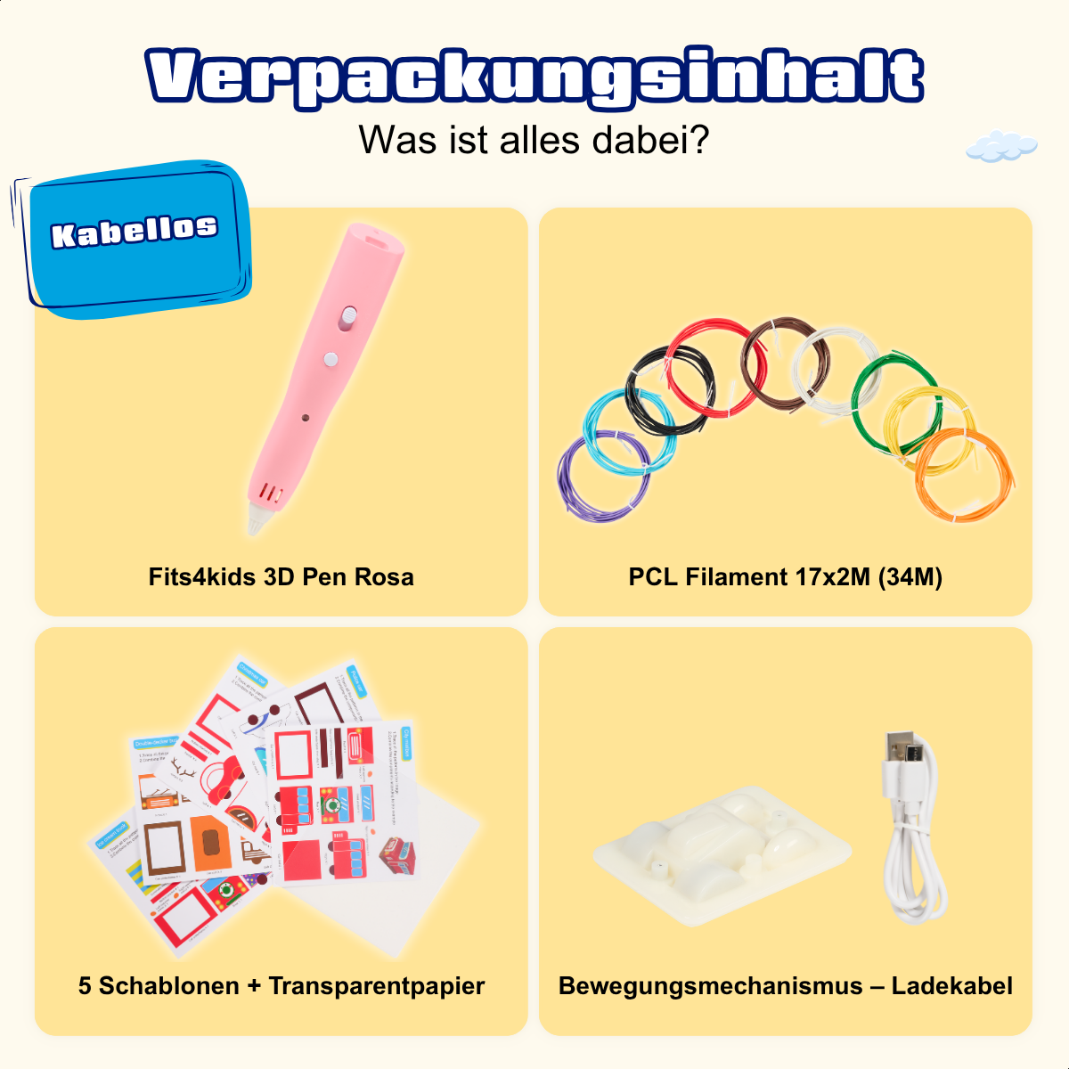 Das Bild zeigt einen 3D-Stift, farbige Filamente, Schablonen und ein Ladekabel. Die Artikel befinden sich auf gelbem Hintergrund.