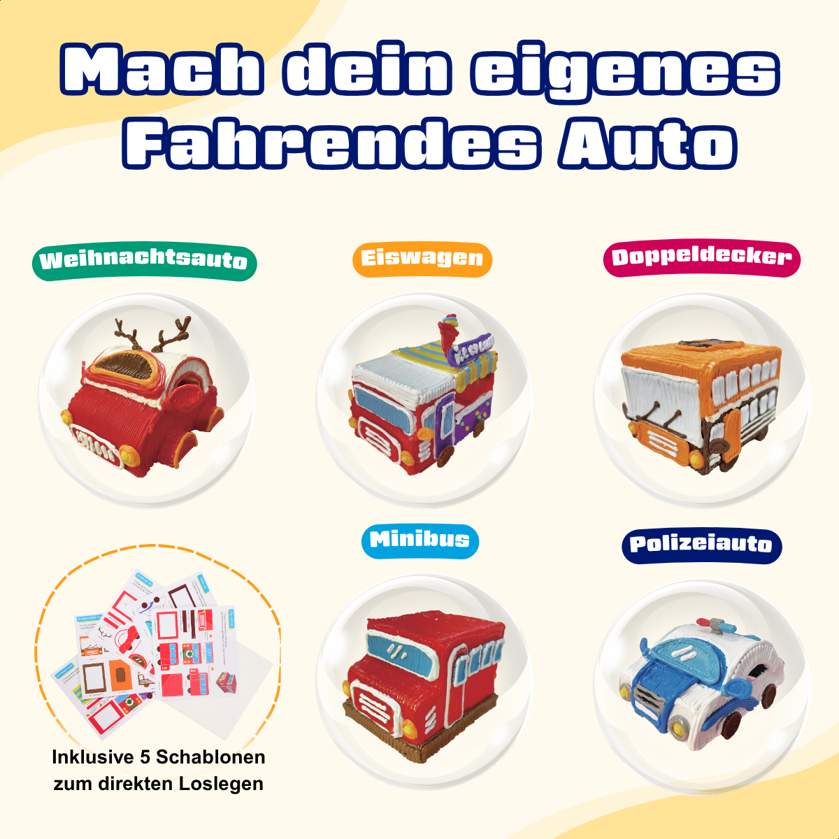 Werbung mit Spielzeugautos und Schablonen. Enthält ein Weihnachtsmobil, einen Eiswagen, einen Doppeldeckerbus, einen Minibus und ein Polizeiauto.