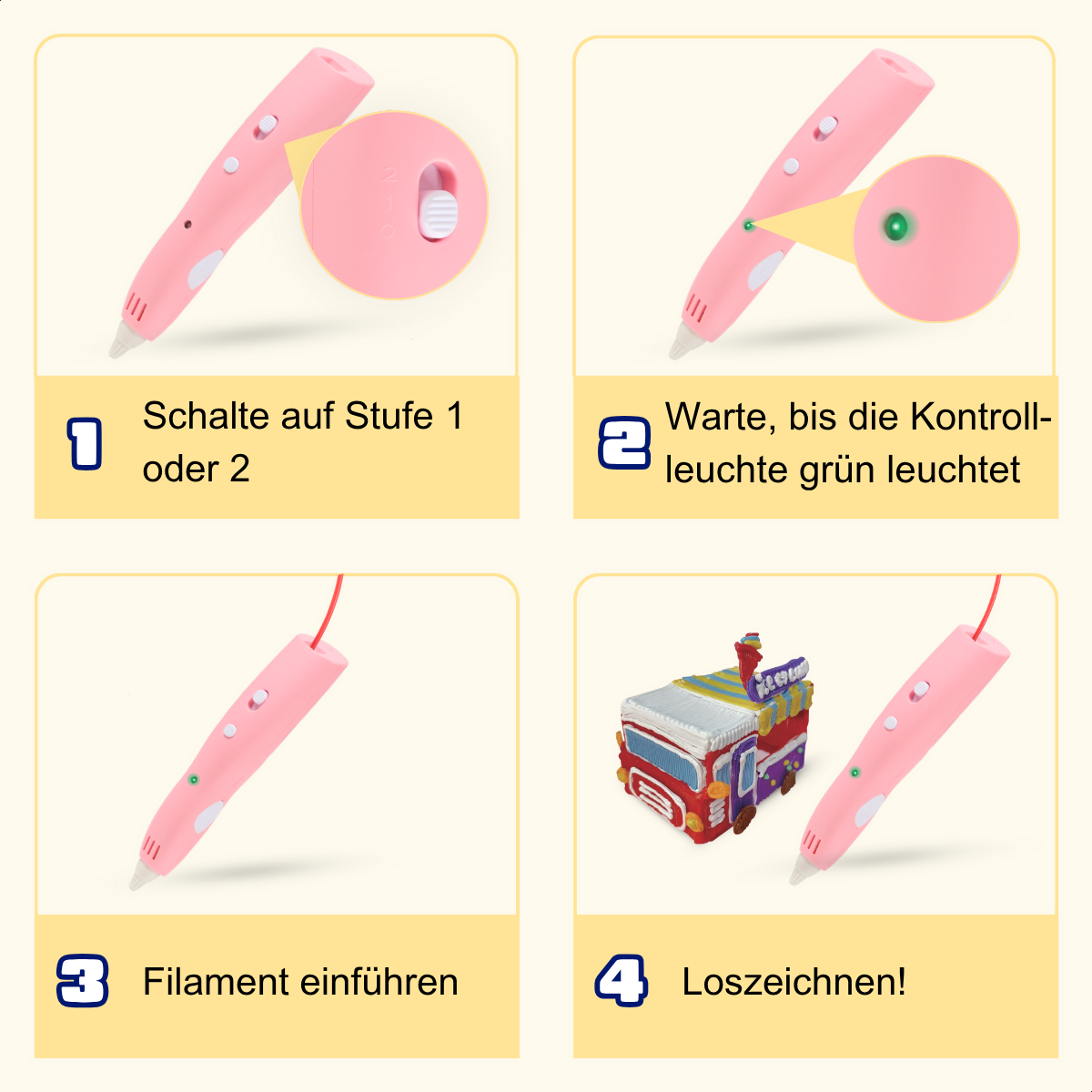 Anleitung zur Verwendung eines rosa 3D-Stifts: einschalten, auf grünes Licht warten, Filament einführen und einen Truck zeichnen.