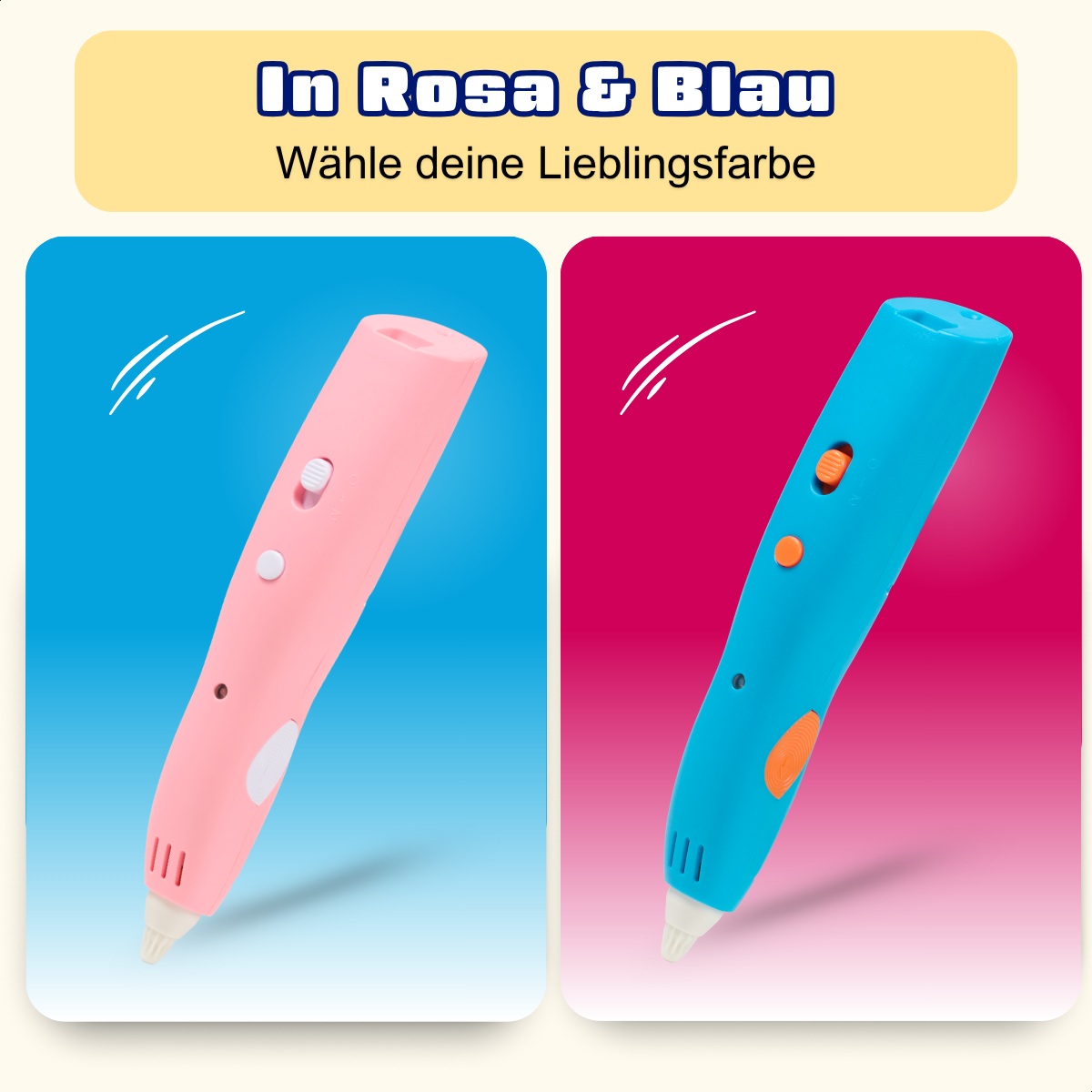 Zwei 3D-Stifte, rosa und blau, auf Farbverläufen. Das Bild hat Text 'In Rosa & Blau' über 'Wähle deine Lieblingsfarbe'.