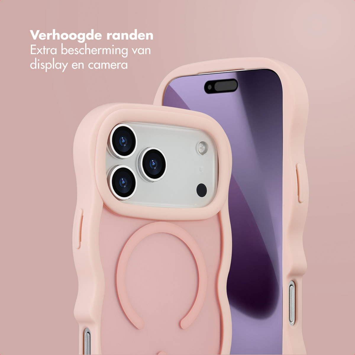 Coque de téléphone rose avec bords surélevés, protégeant l'écran et l'appareil photo. Un téléphone à écran violet.