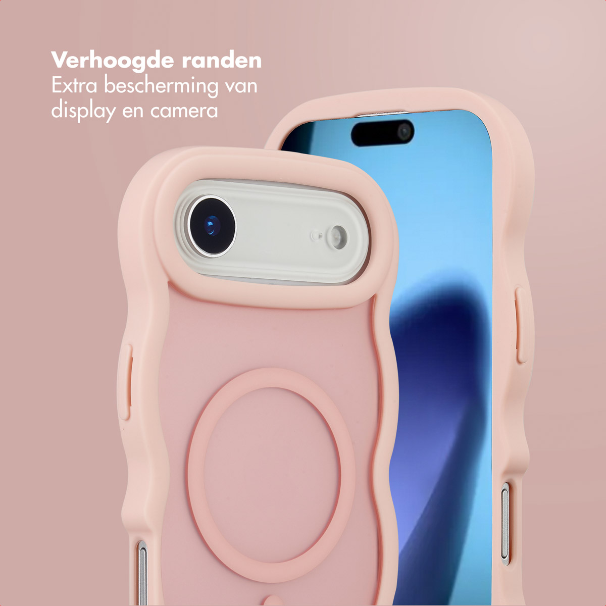Una custodia rosa per telefono con bordo rialzato, che protegge lo schermo e la fotocamera. La custodia è su un telefono, su sfondo rosa.