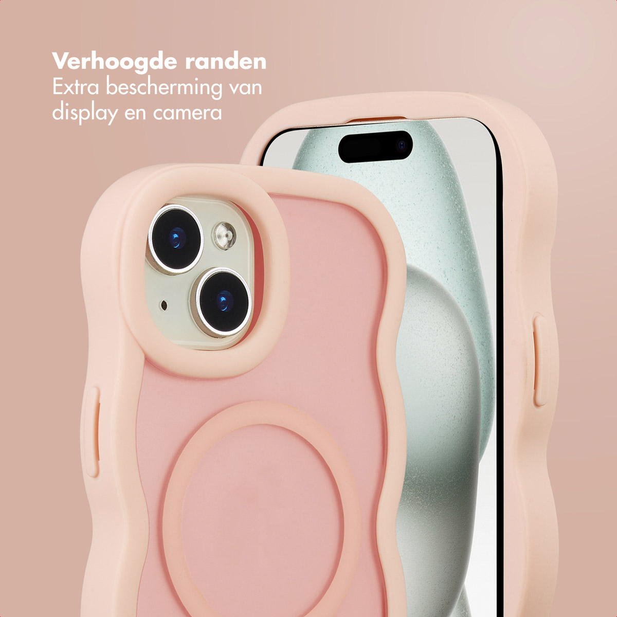 Close-up of a pink phone case with a wavy design, protecting a phone with visible camera lenses. The case is on a light pink background.