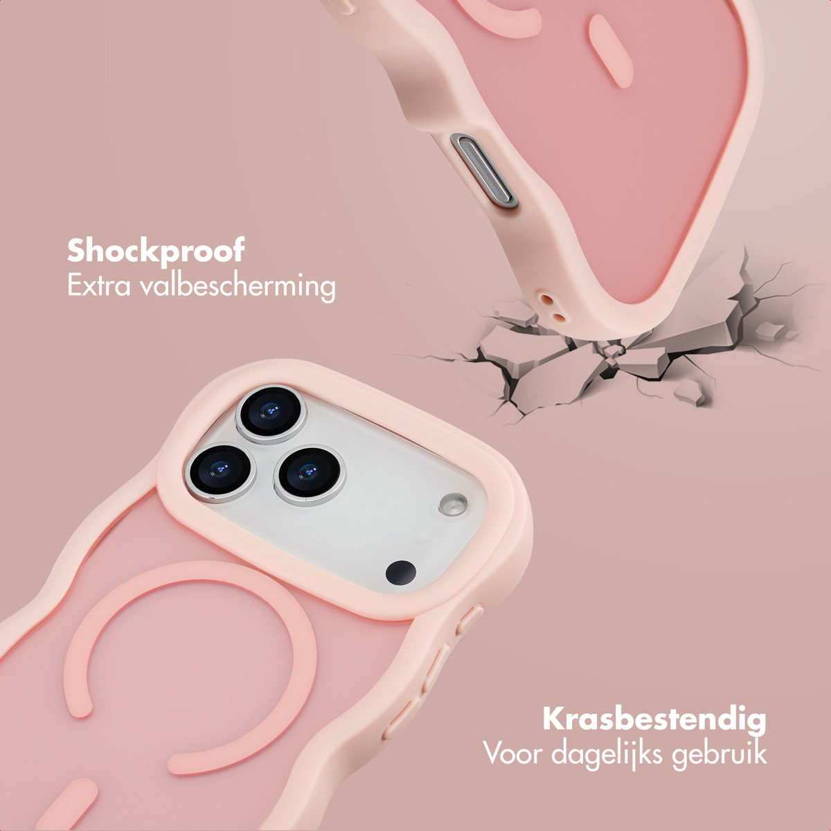 Deux coques de téléphone roses, une tombant, l'autre au point. Texte : Anti-choc, résistant aux rayures. Arrière-plan : Rose avec fissures.