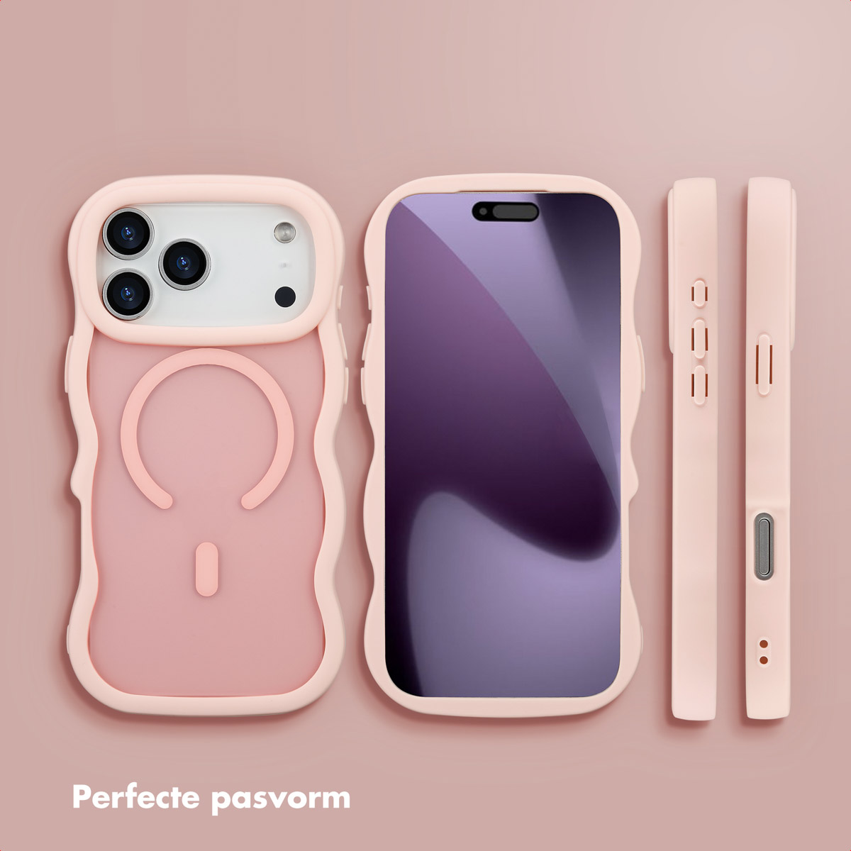 Un ensemble d'étuis de téléphone roses, montrant les vues avant, arrière et latérales. L'étui a un contour ondulé et un design circulaire.