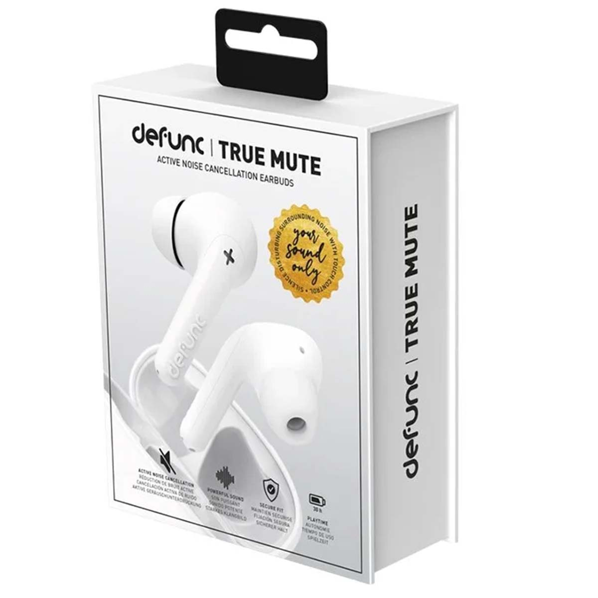 Eine weiße Defunc True Mute-Ohrhörerbox. Die Box zeigt die Ohrhörer und Funktionen wie aktive Geräuschunterdrückung und sicheren Sitz.