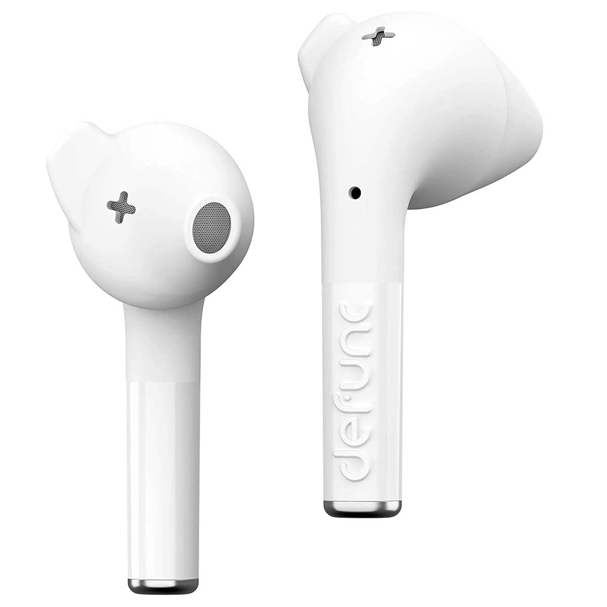 Due auricolari wireless bianchi con un simbolo a croce su ciascuno. Un auricolare ha un altoparlante a rete, l'altro il marchio 'defunc'.