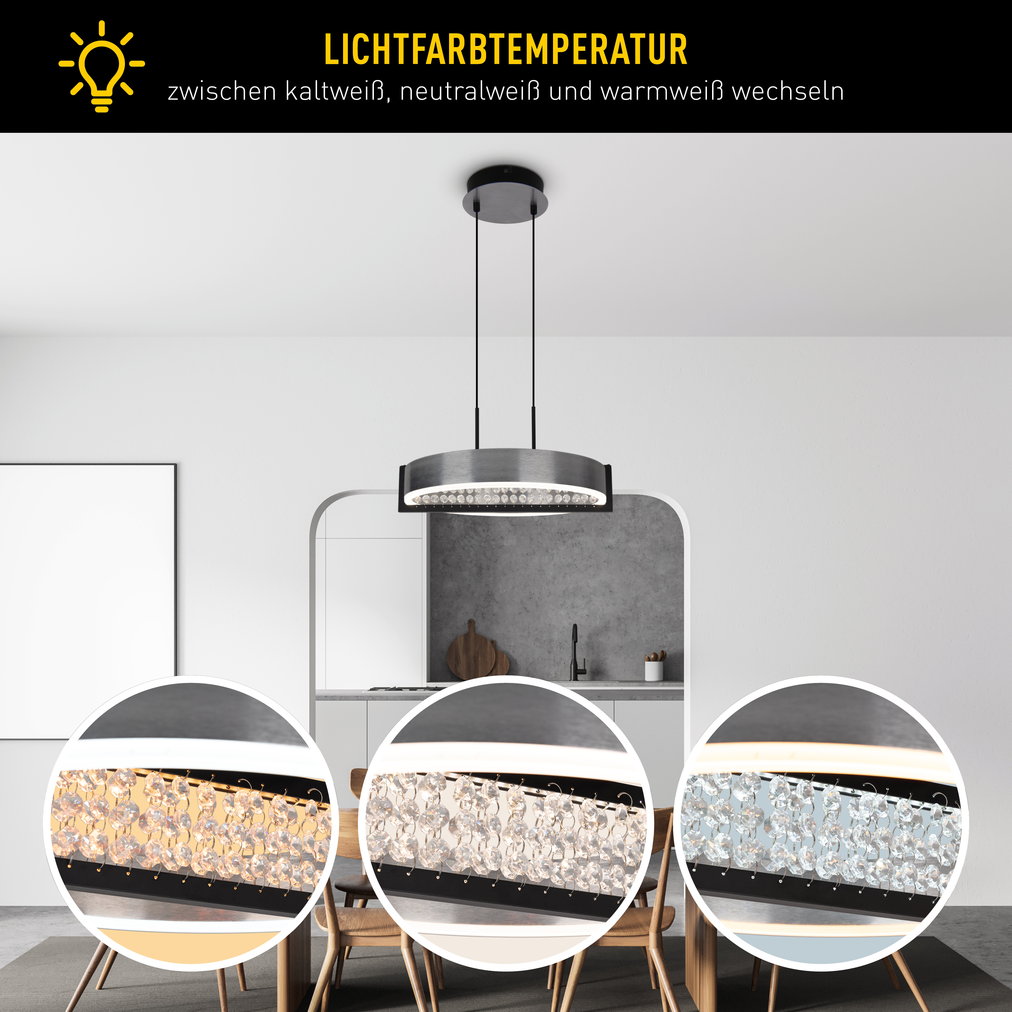 Eine moderne Deckenleuchte mit drei Lichtfarboptionen: warmweiß, neutralweiß und kaltweiß, in einem Esszimmer.