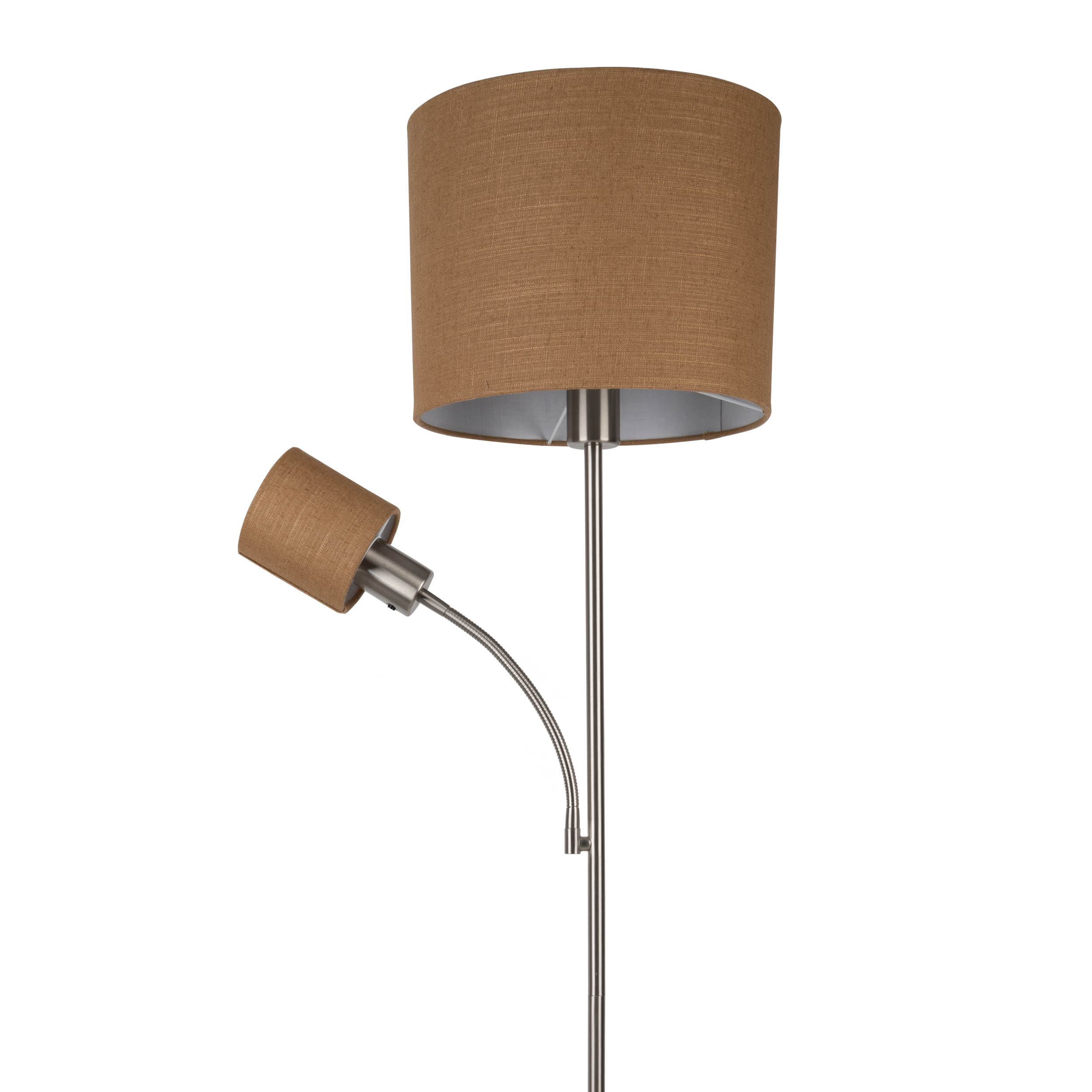 Eine Stehlampe mit braunem Lampenschirm und einer verstellbaren Leselampe auf weißem Hintergrund.
