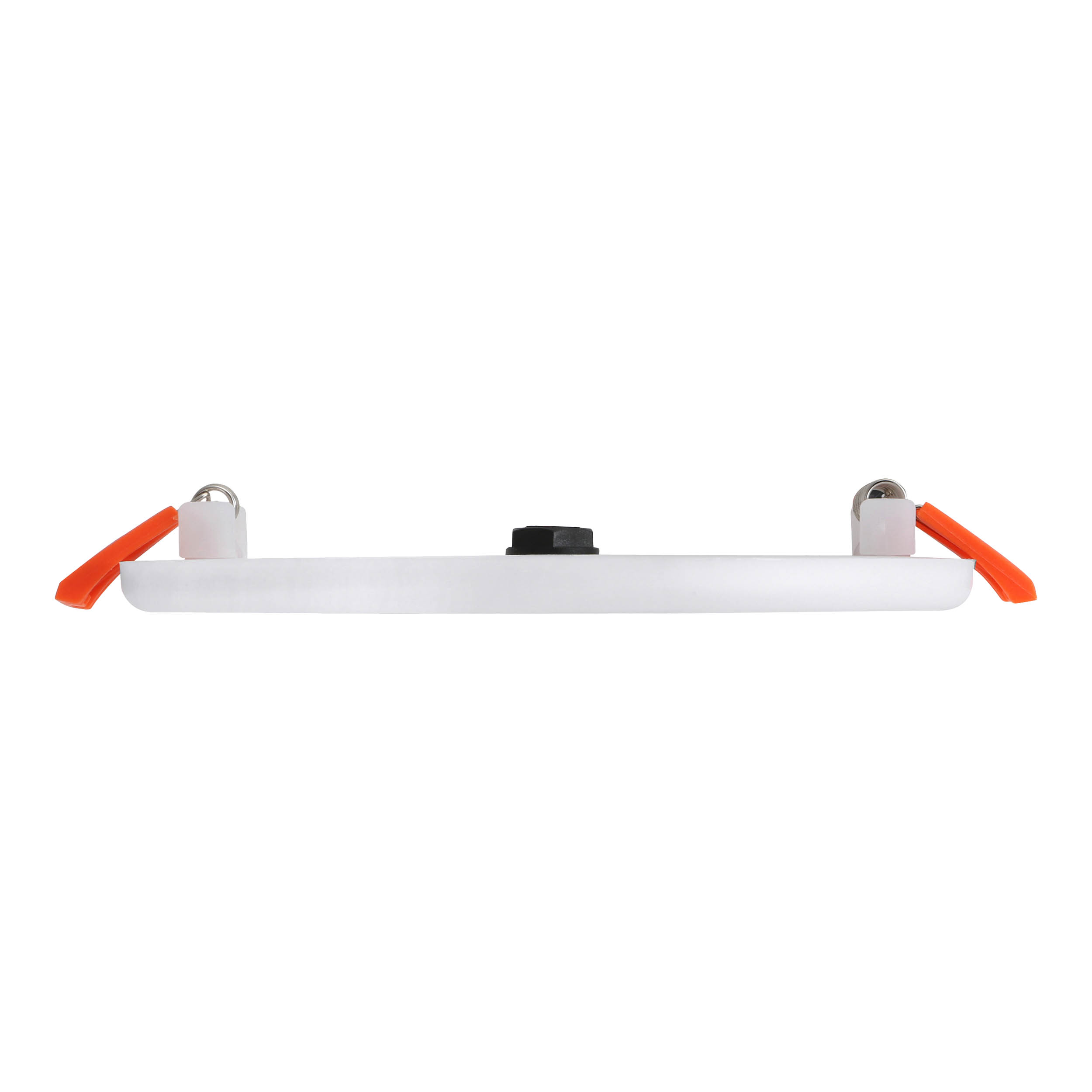 Ein weißes rechteckiges Objekt mit orangefarbenen Clips auf beiden Seiten, einem kleinen schwarzen Knopf und einem weißen Hintergrund.