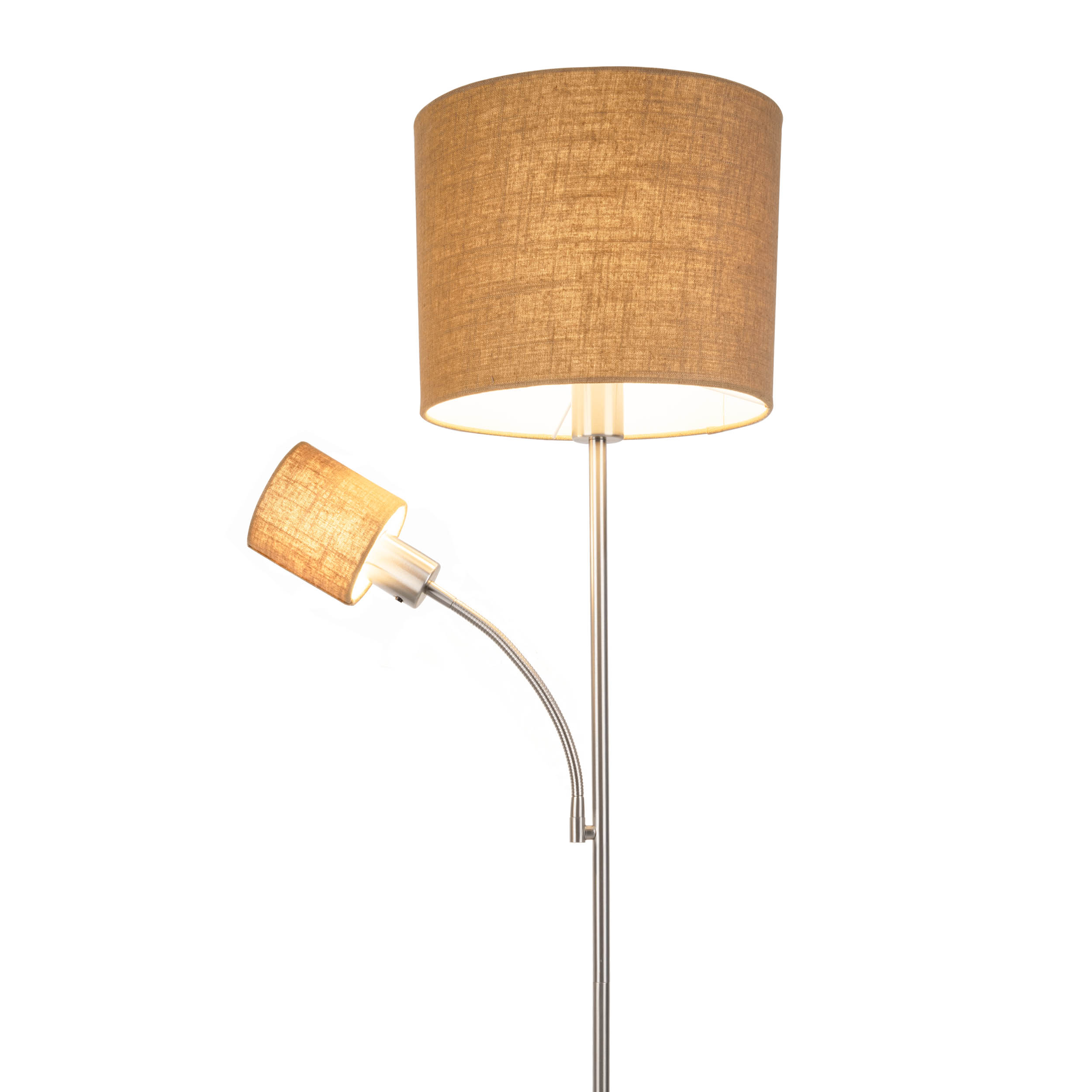 Eine Stehlampe mit zwei Schirmen. Der größere Schirm ist aufrecht, der kleinere abgewinkelt. Beide sind braun auf weißem Hintergrund.