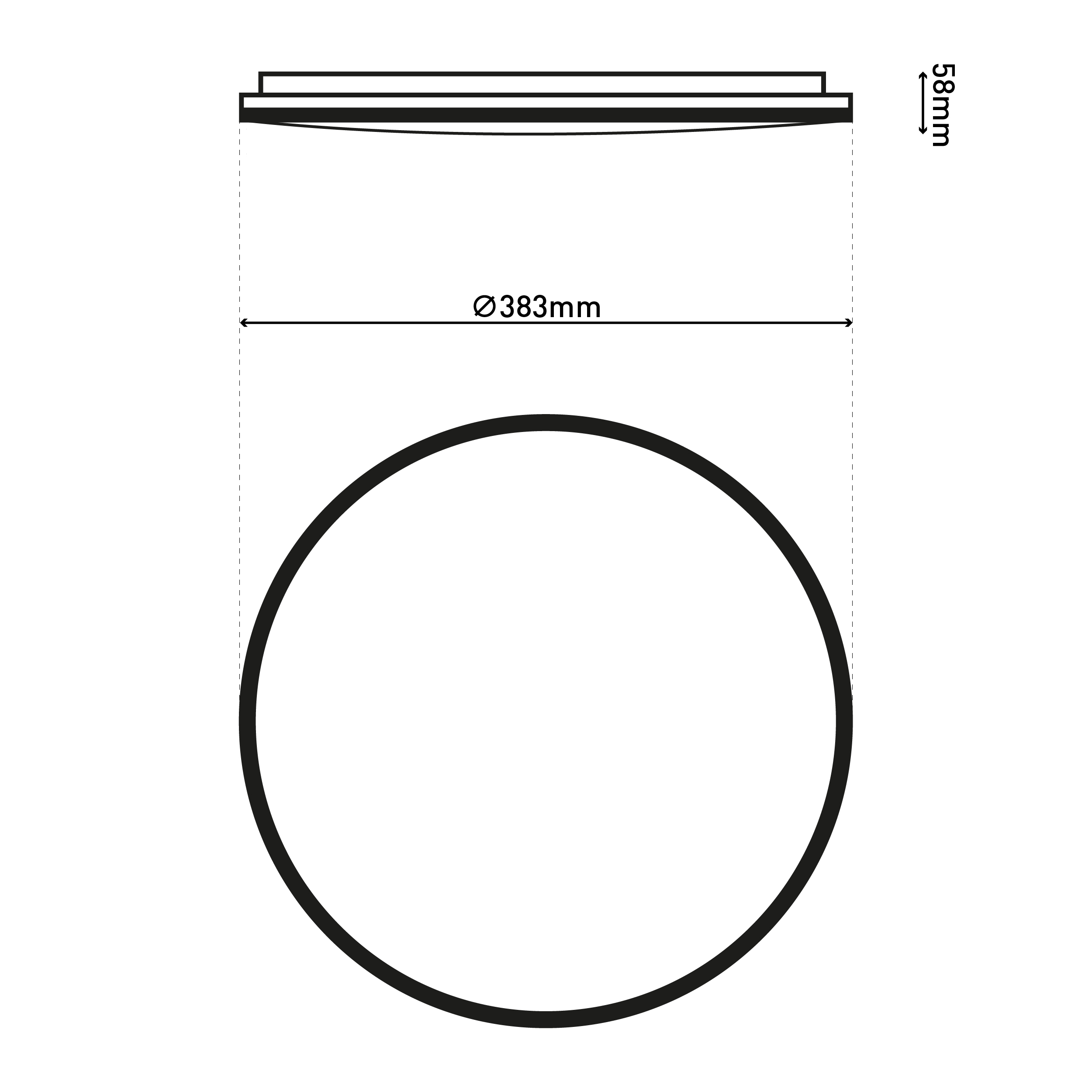 Diagramm eines kreisförmigen Objekts mit Maßen. Ø383mm Durchmesser, 58mm Höhe. Schwarze Linien auf weißem Grund.
