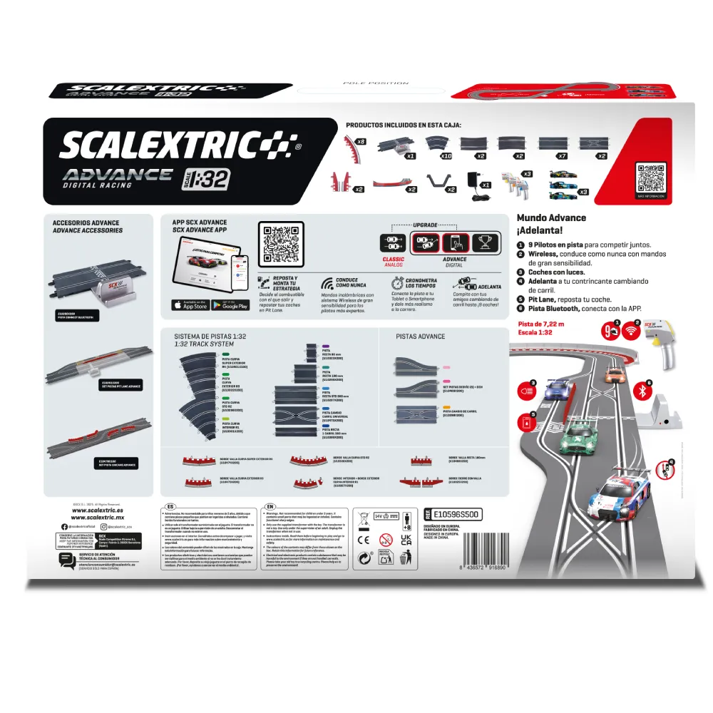 Caja del set Scalextric Advance. Incluye piezas de pista, coches y accesorios. Presenta un diseño de pista con coches corriendo.