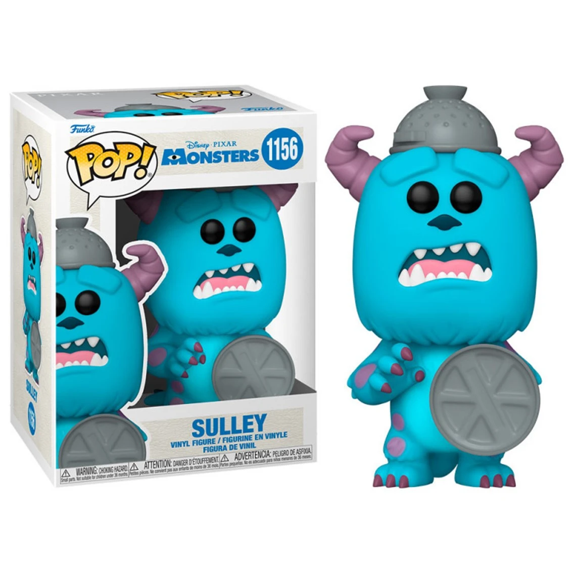 Figura Funko Pop di Sulley di Monsters, Inc. nella scatola. La figura è blu con macchie viola, corna e un elmetto. La scatola mostra la figura.