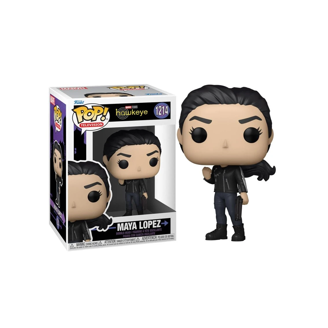 Figura Funko Pop di Maya Lopez da Hawkeye. Indossa una giacca nera, jeans blu e tiene una pistola. La scatola è visibile.
