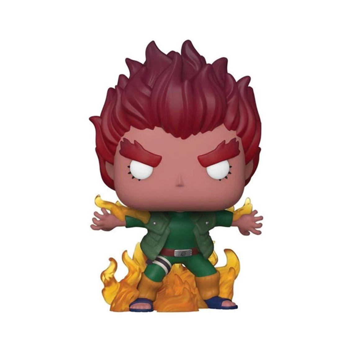 Una figura estilizada de un personaje con pelo rojo puntiagudo. Viste un traje verde con llamas a su alrededor, sobre un fondo blanco.